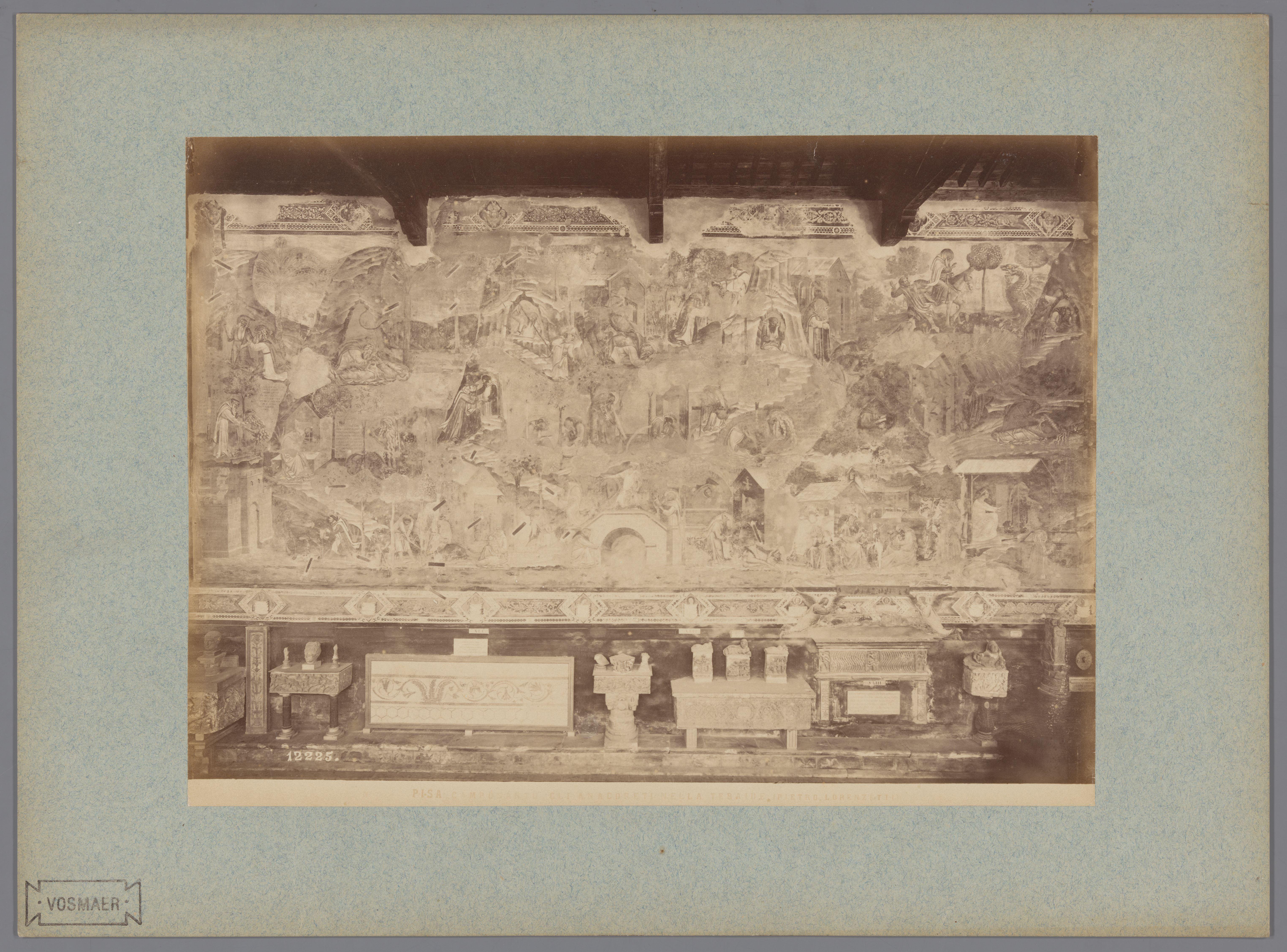 Fotoreproductie van het fresco De kluizenaars in de woestijn naar Pietro Lorenzetti in het Camposanto te Pisa, Italië