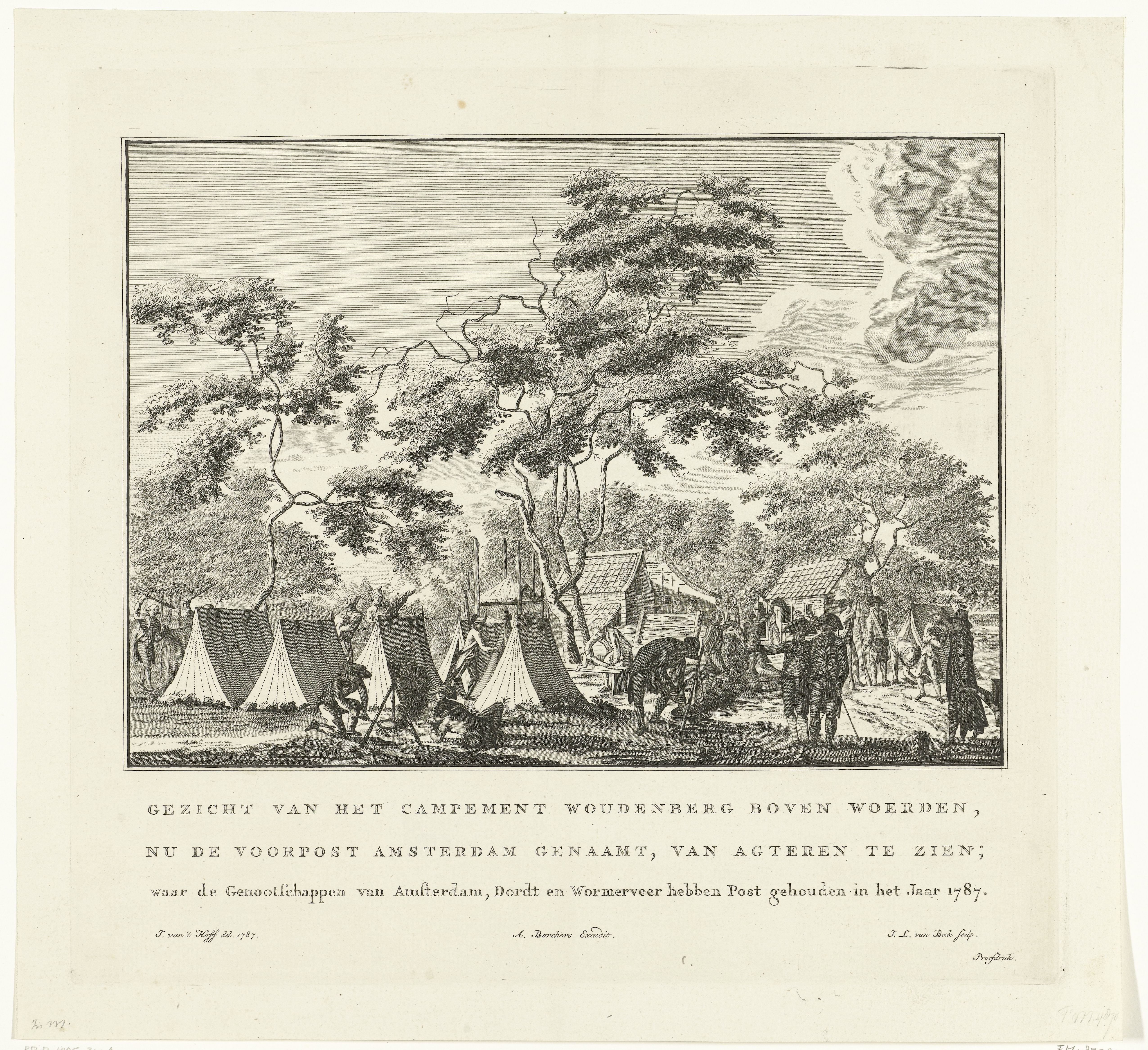 Gezicht op achterkant kampement Woudenberg boven Woerden waar op 3 en 4 augustus 1787 de vrijcorpsen van Amsterdam, Dordrecht en Wormerveer waren gelegerd
