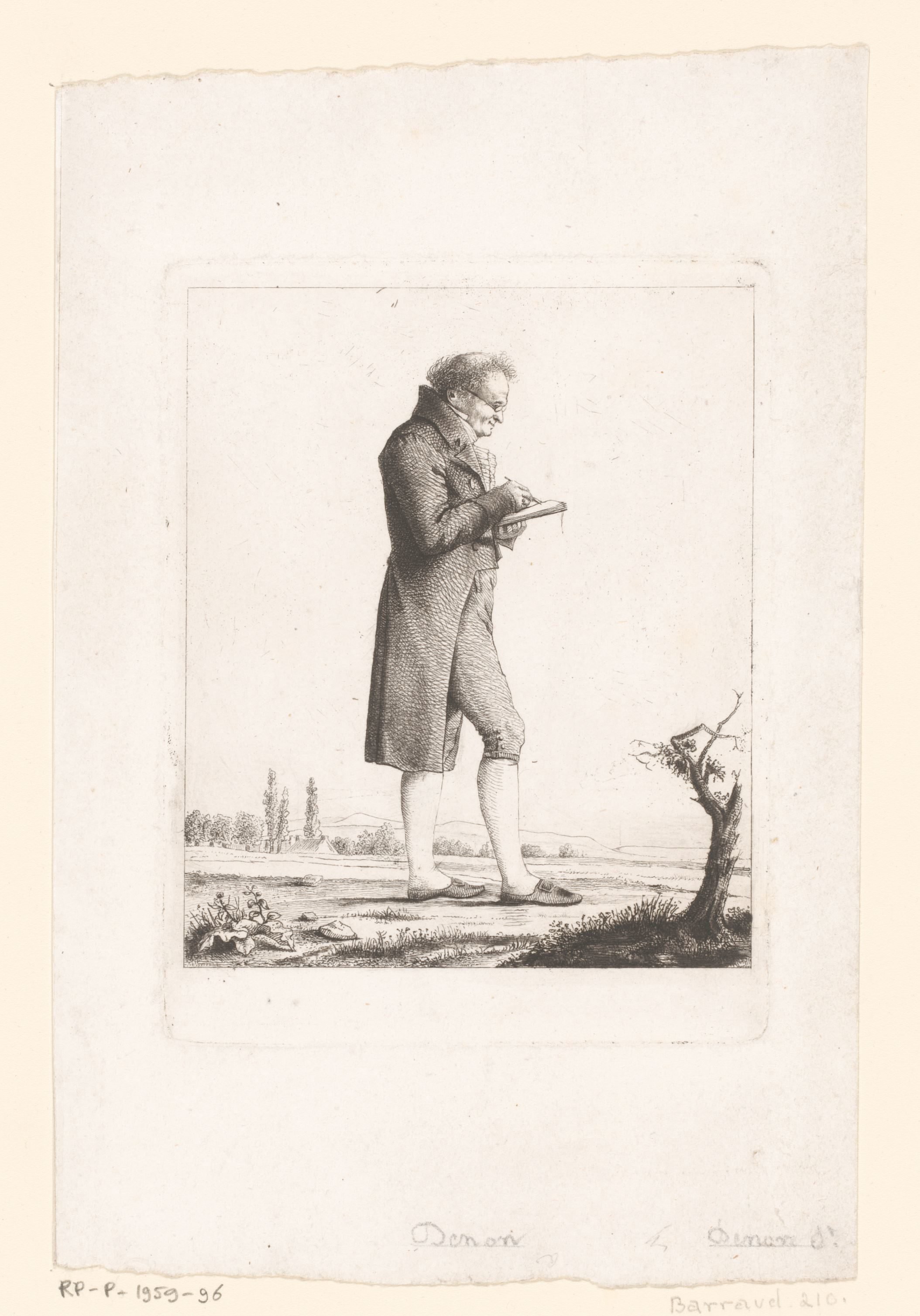 Zelfportret van Dominique Vivant Denon tekenend in een landschap