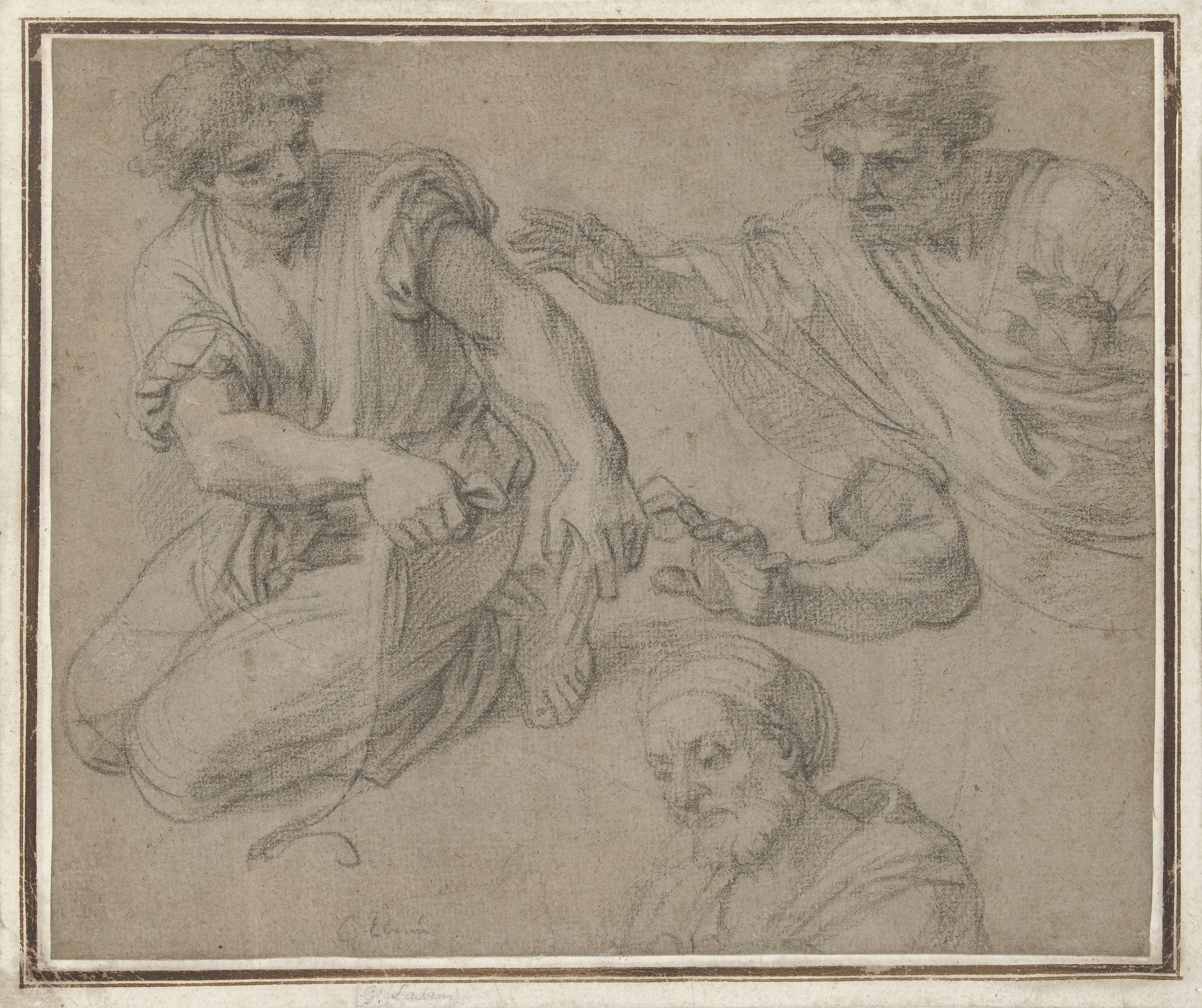 Studies van een knielende man, halffiguur, arm en buste