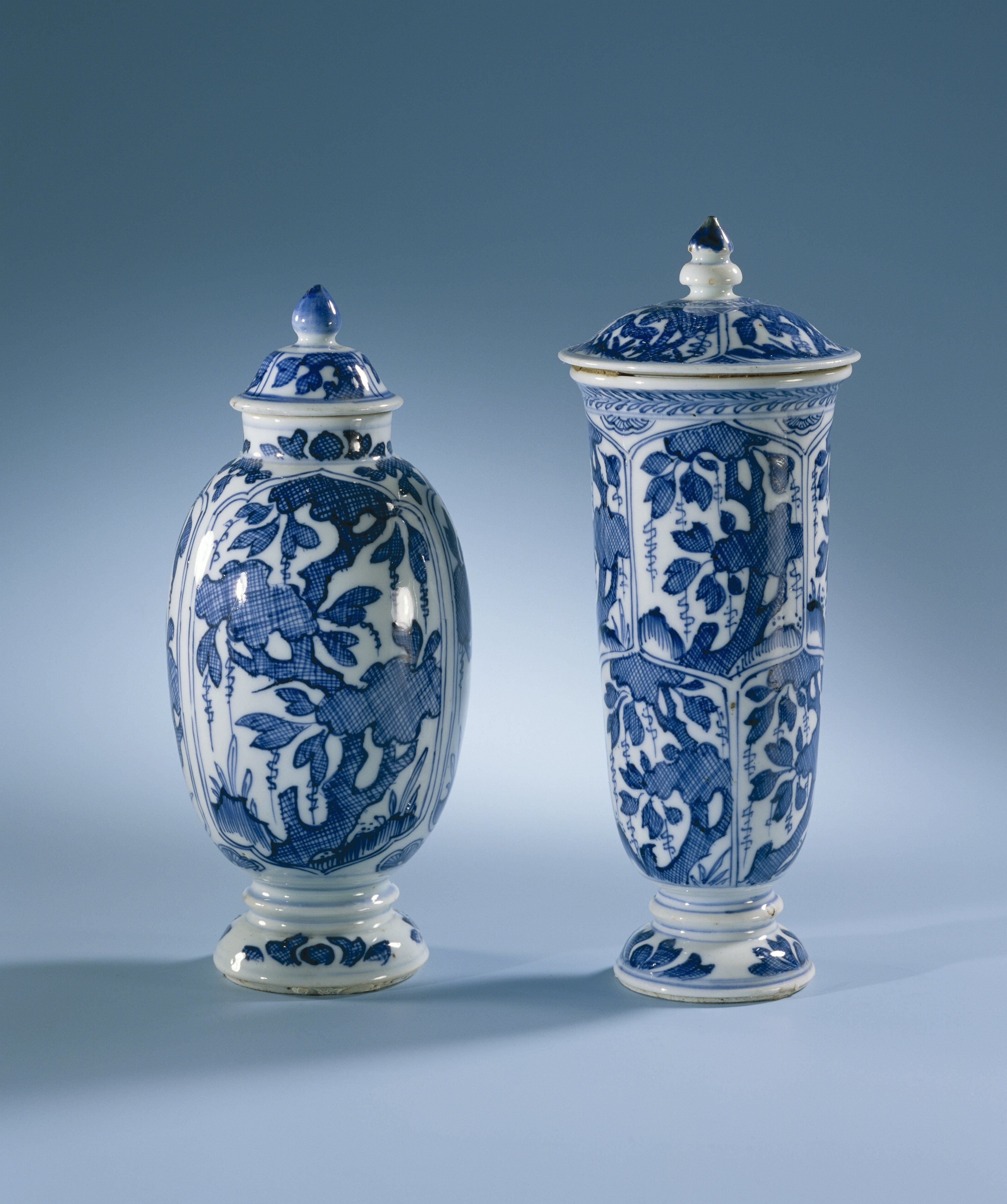 Covered jar with hatched plants in petal-shaped panels