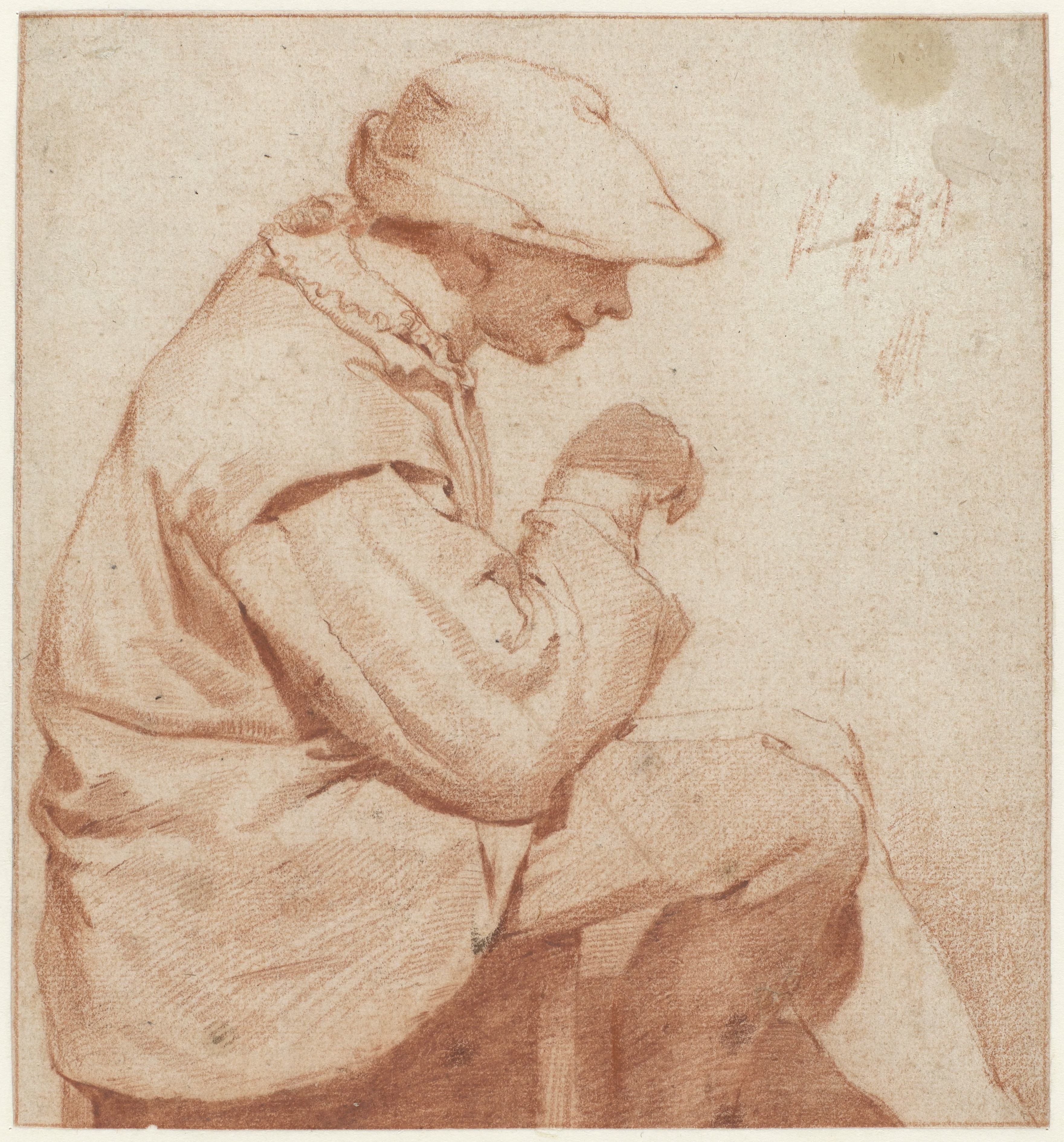 Seated Man with a Soft Cap, in Profile to the Right, with his Right Hand Raised