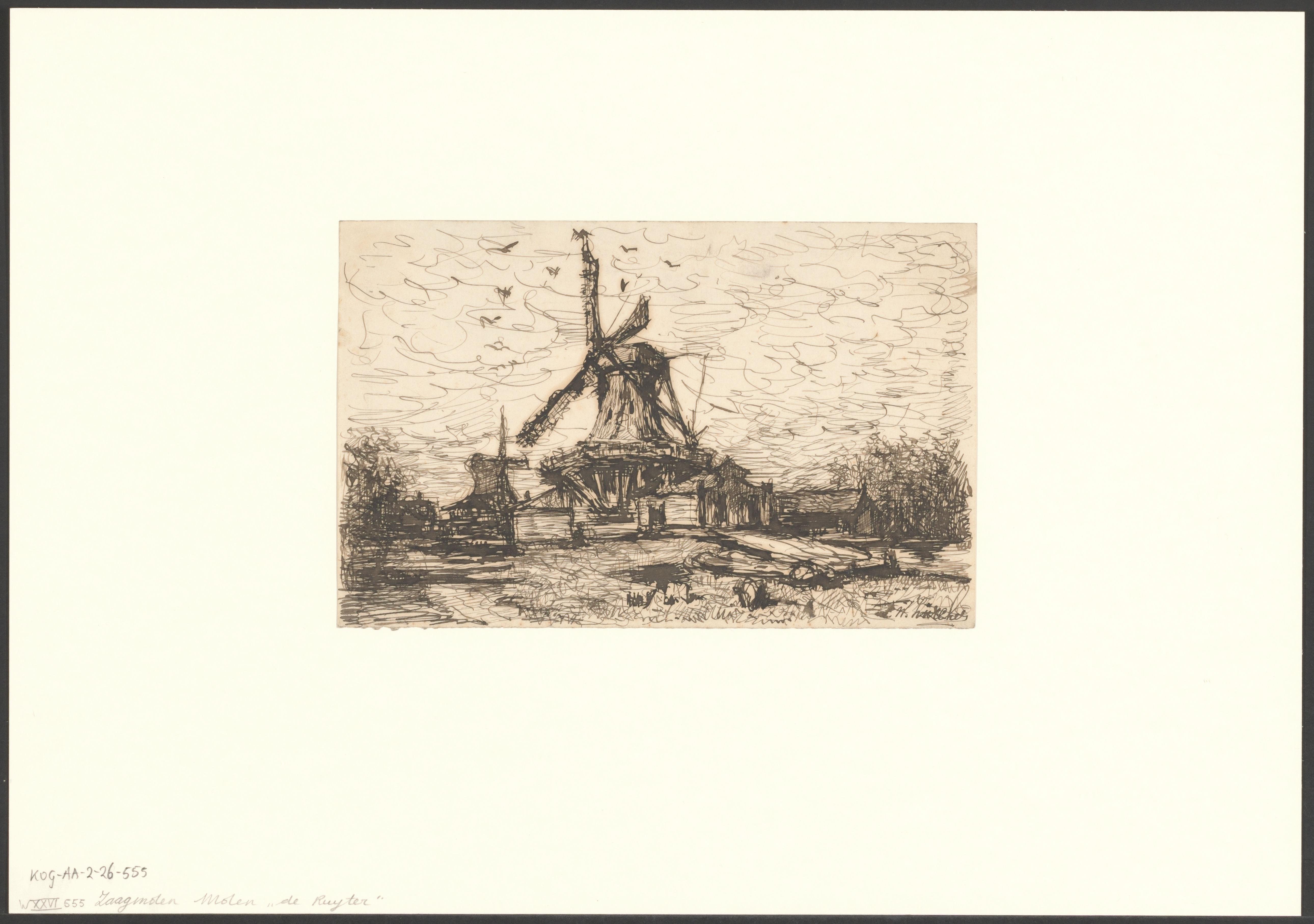 Gezicht op de Zaagmolensloot met molen De Ruiter