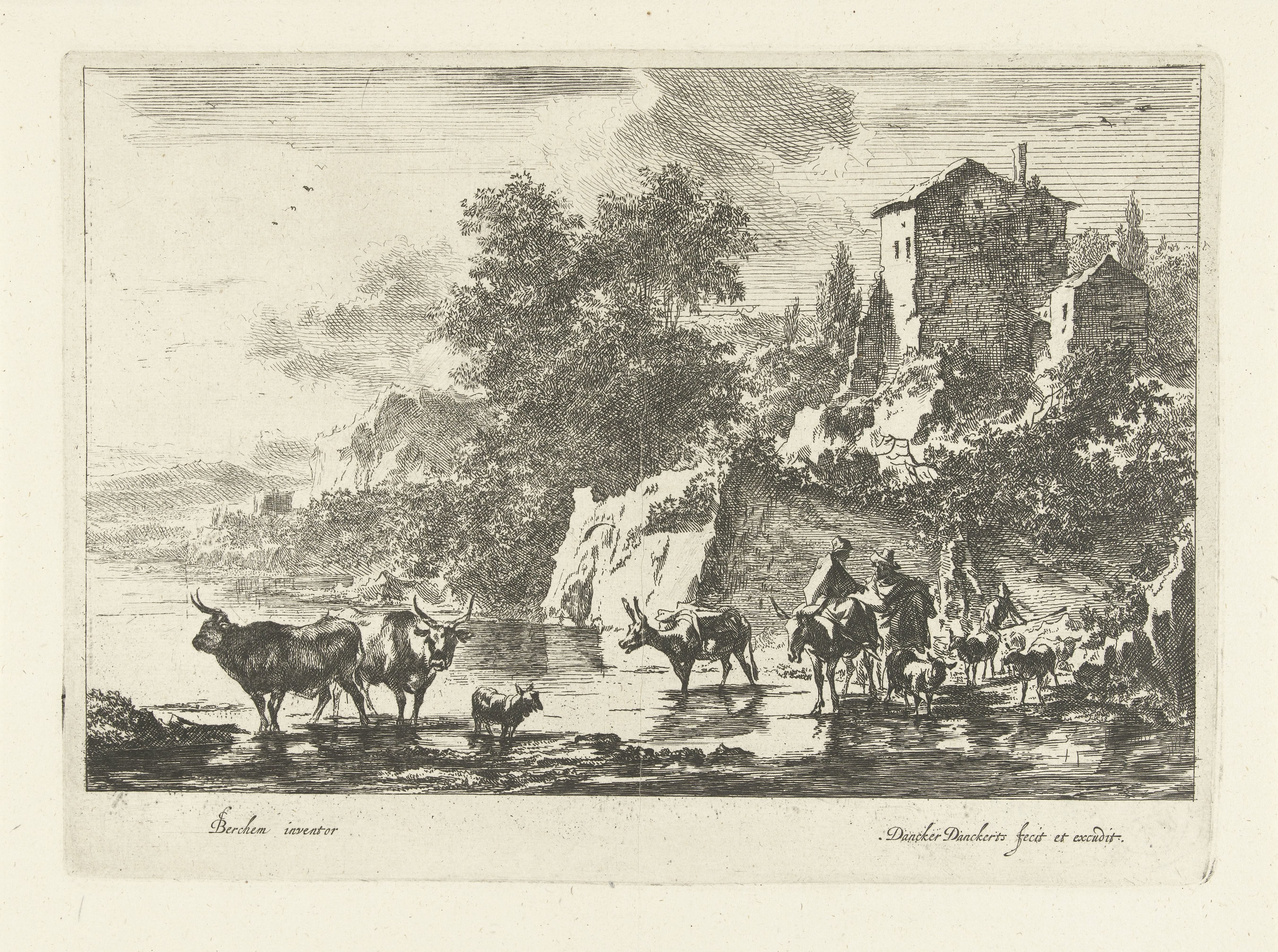 Italiaans landschap met herders, koeien en ezels in het water