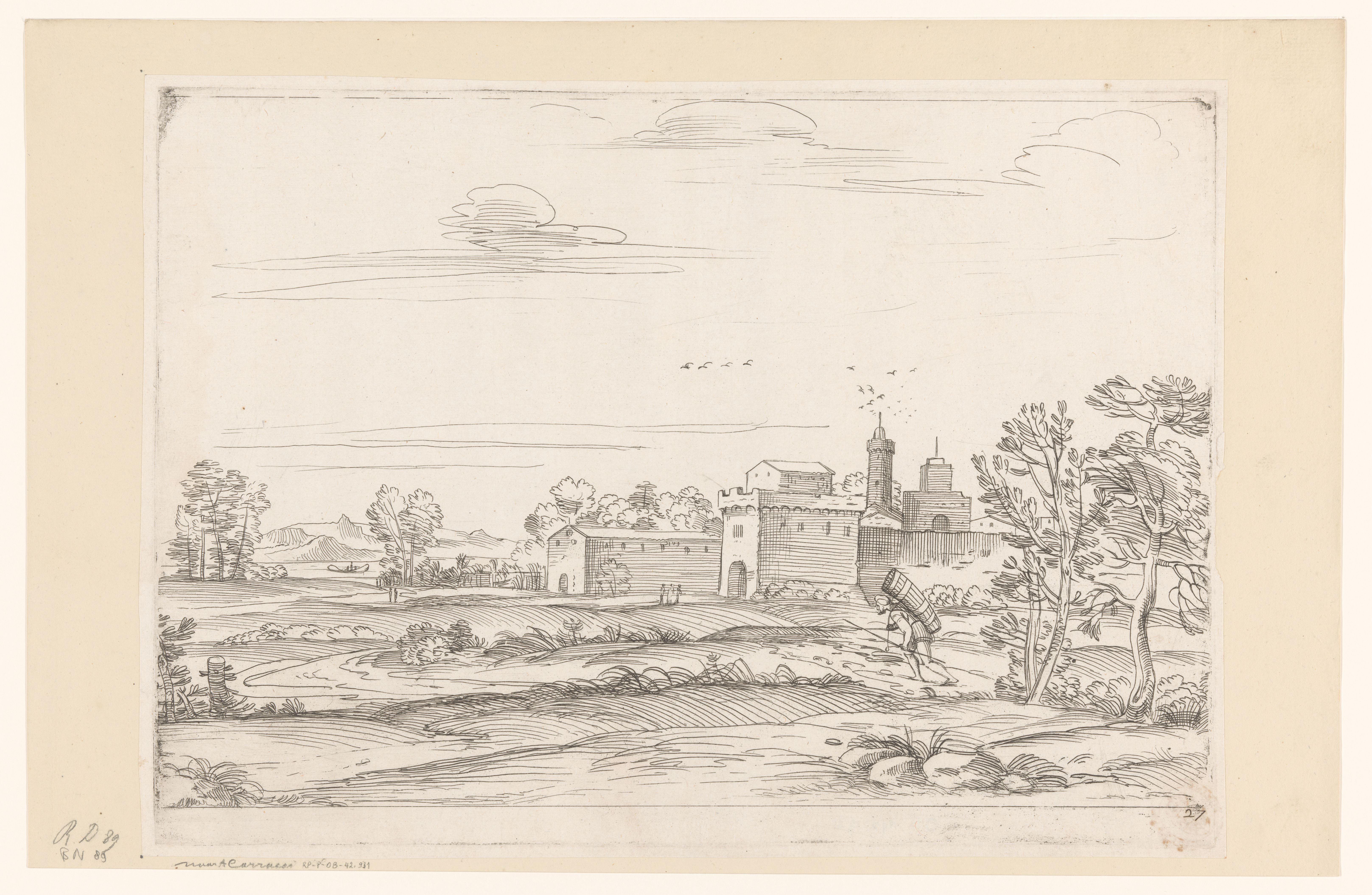 Landschap met manddragende man