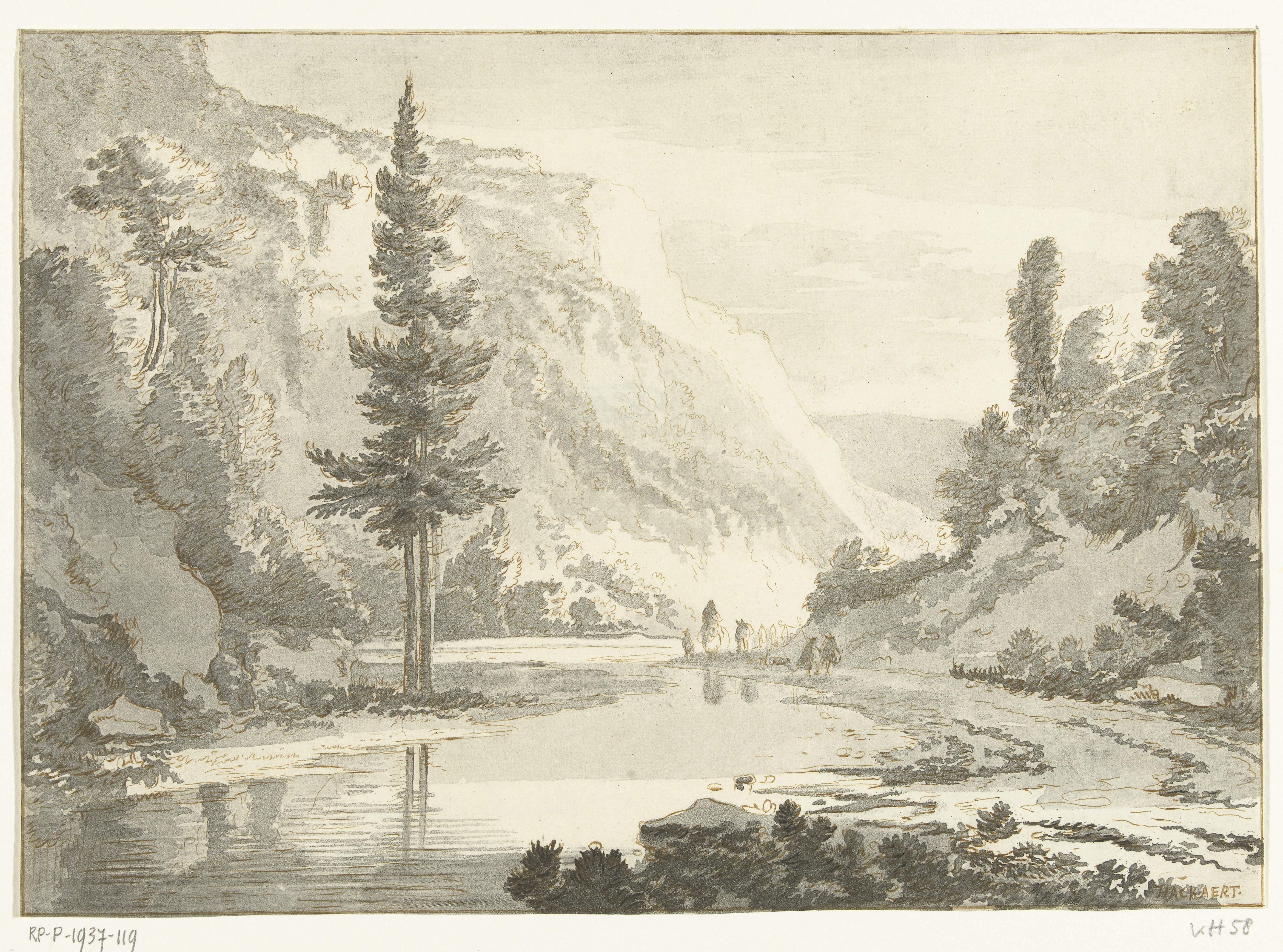 Berglandschap met herders op een rivieroever