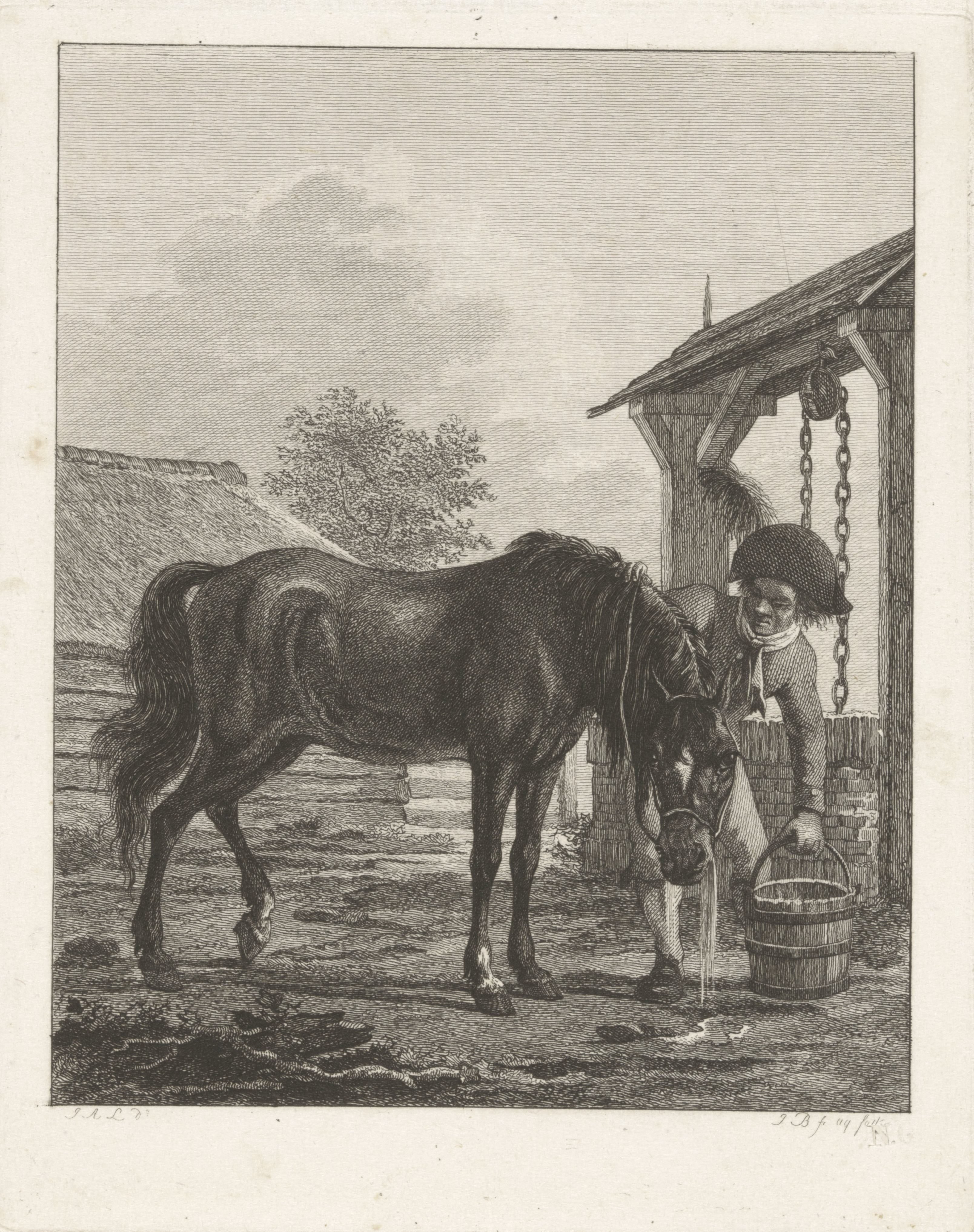 Een man en een paard bij een put