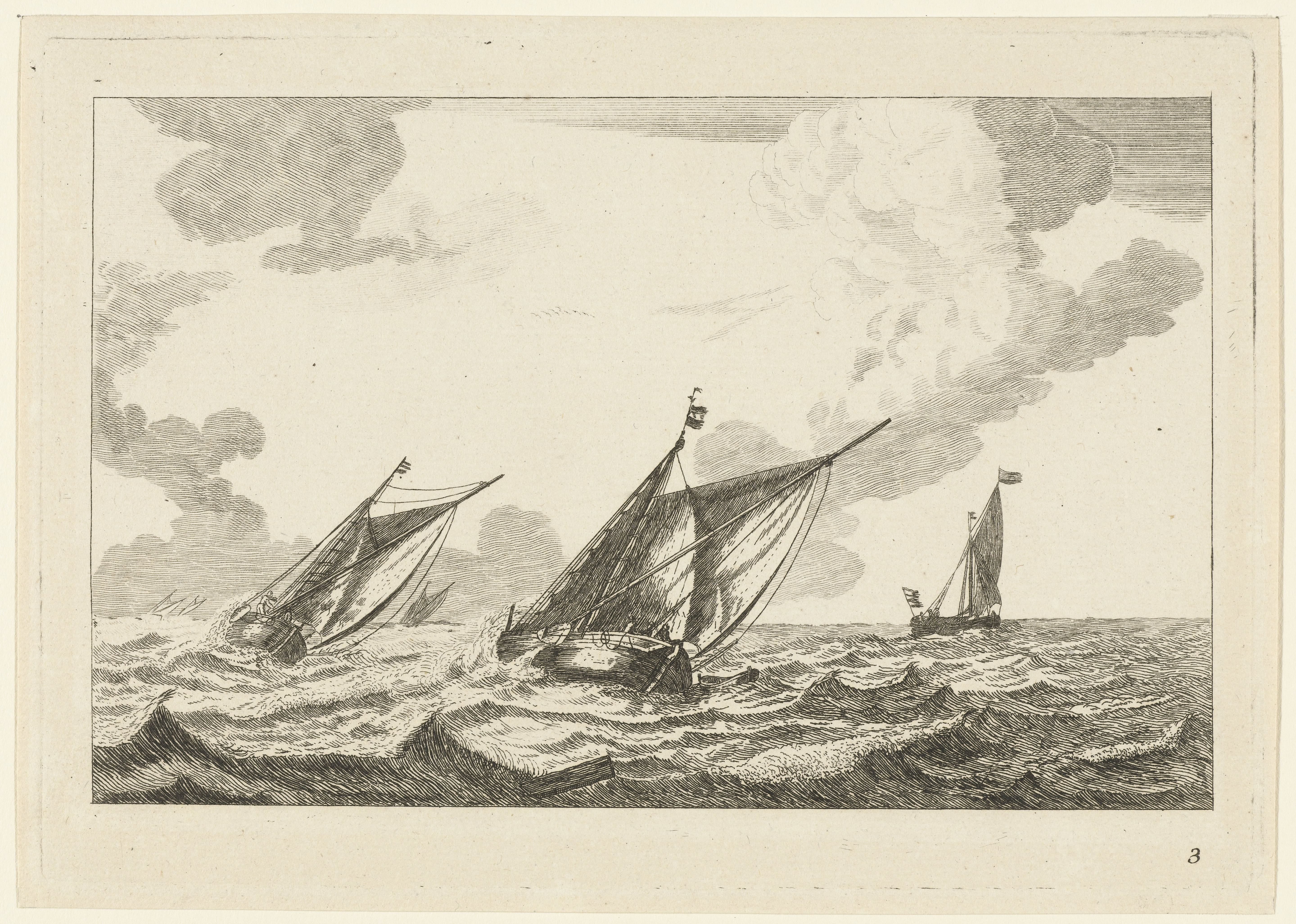 Drie zeilschepen op een ruwe zee