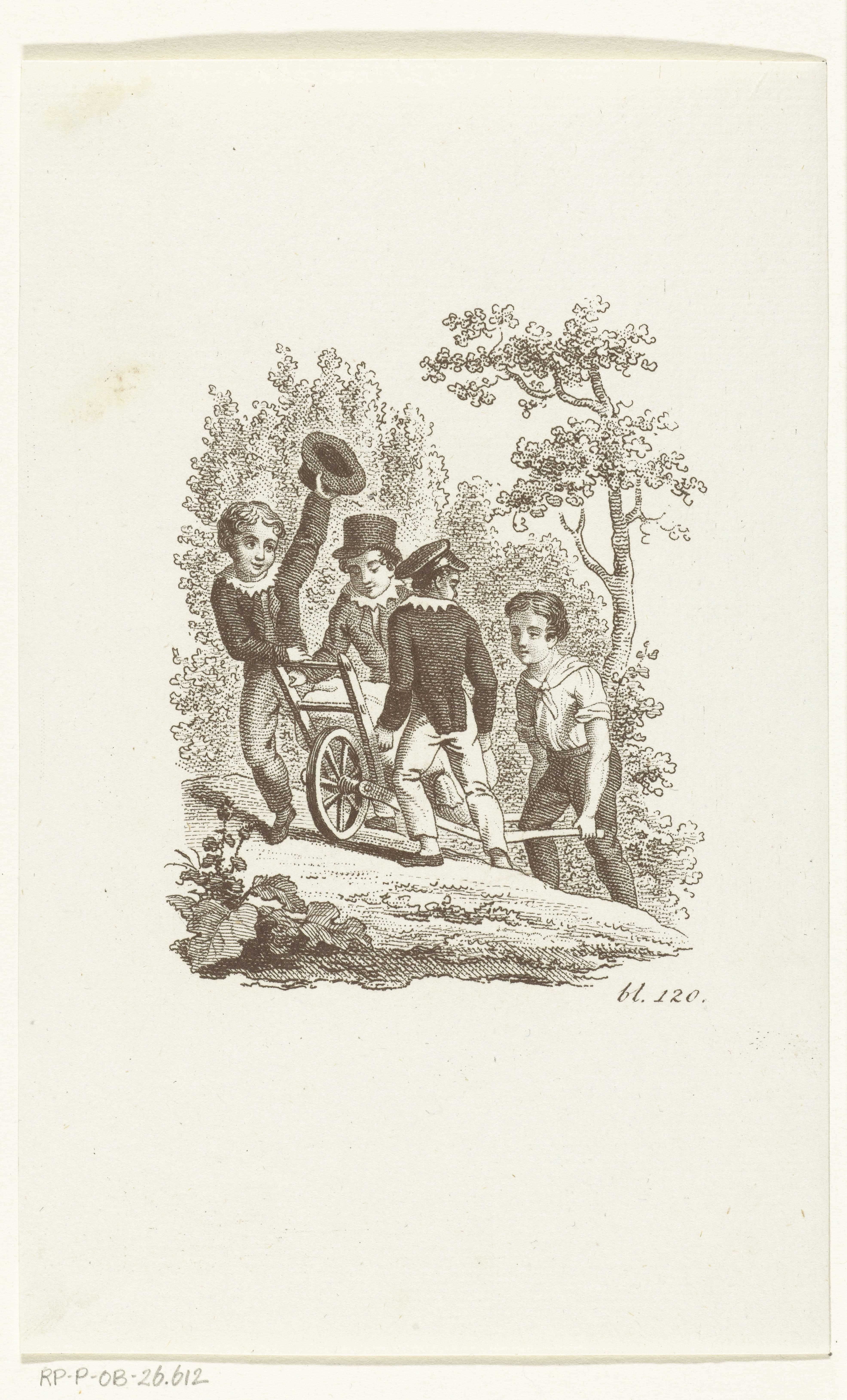 Vier jongens met kruiwagen