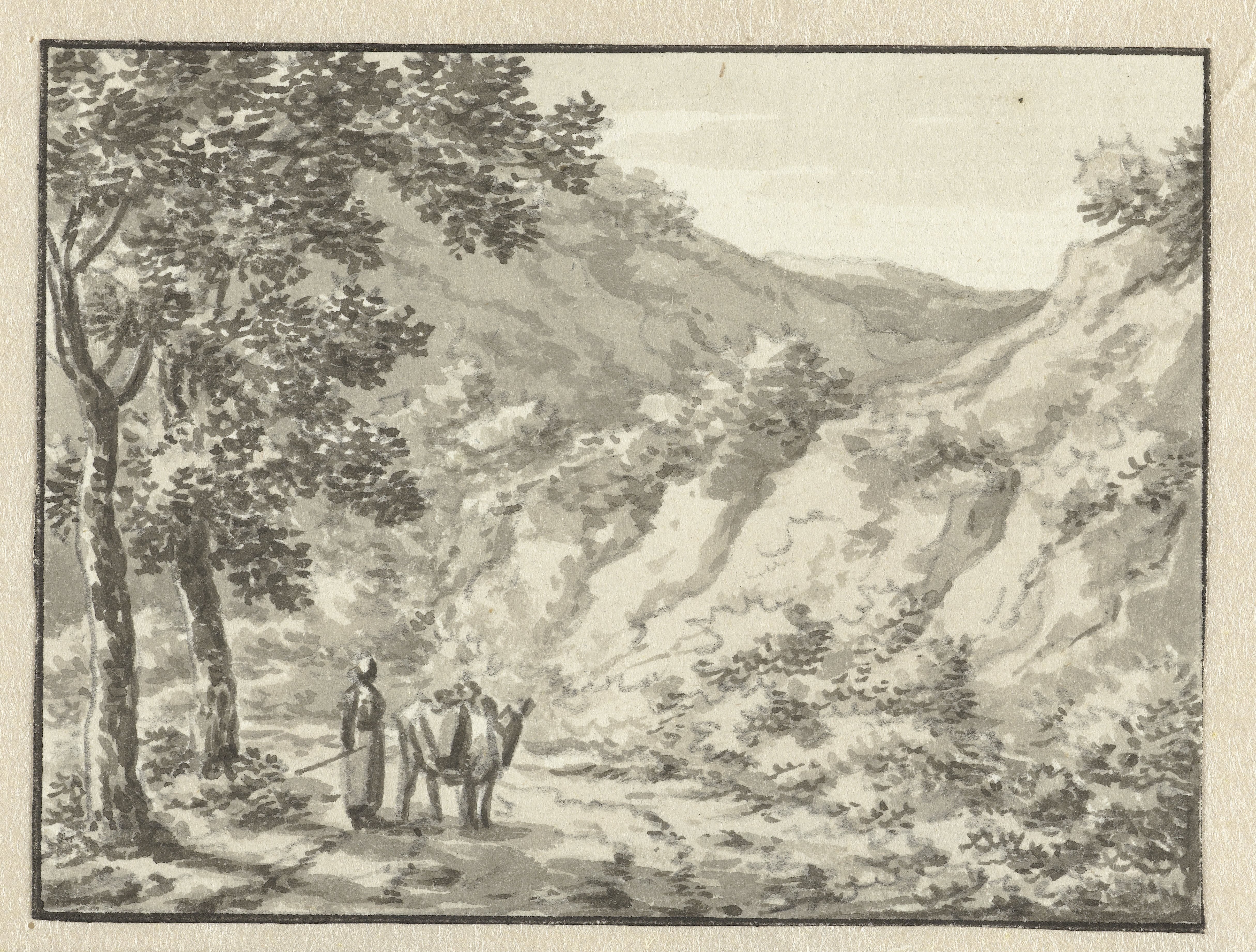 Landschap met een man met lastdier op een bergweg