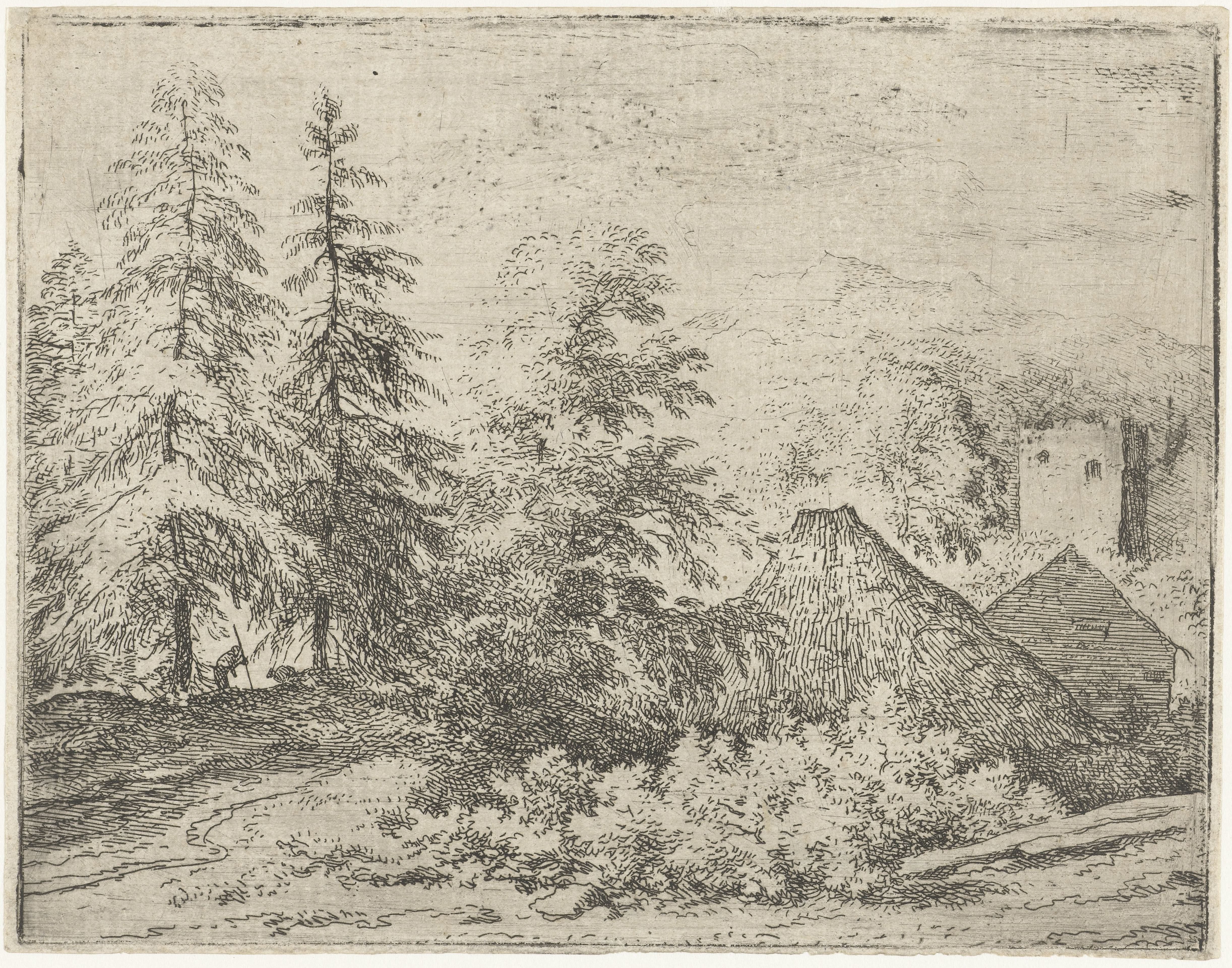 Landschap met man tussen twee sparren