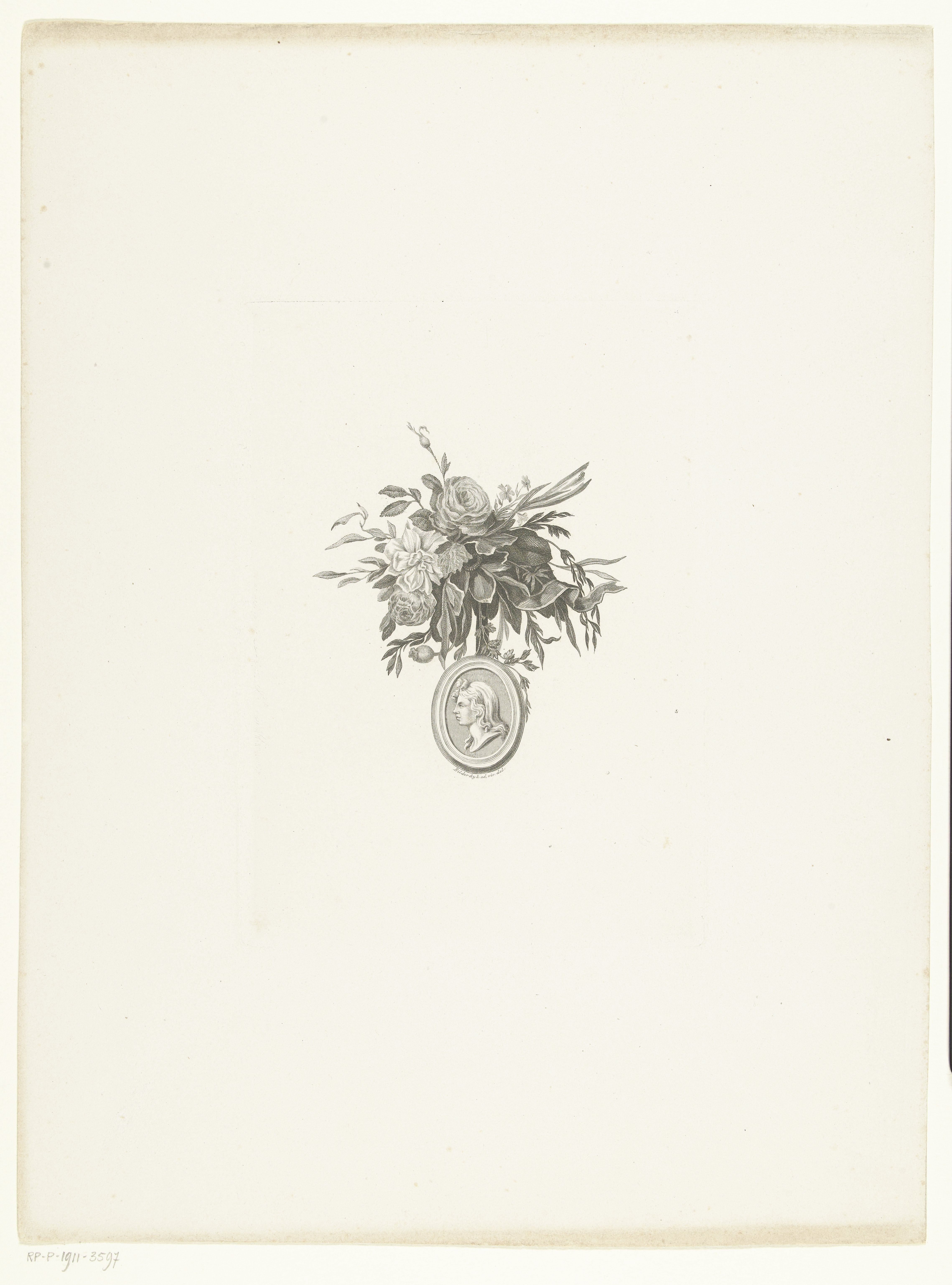 Hoofd van Catharina Wilhelmina Schweickhardt op medaillon aan lint en bloemen