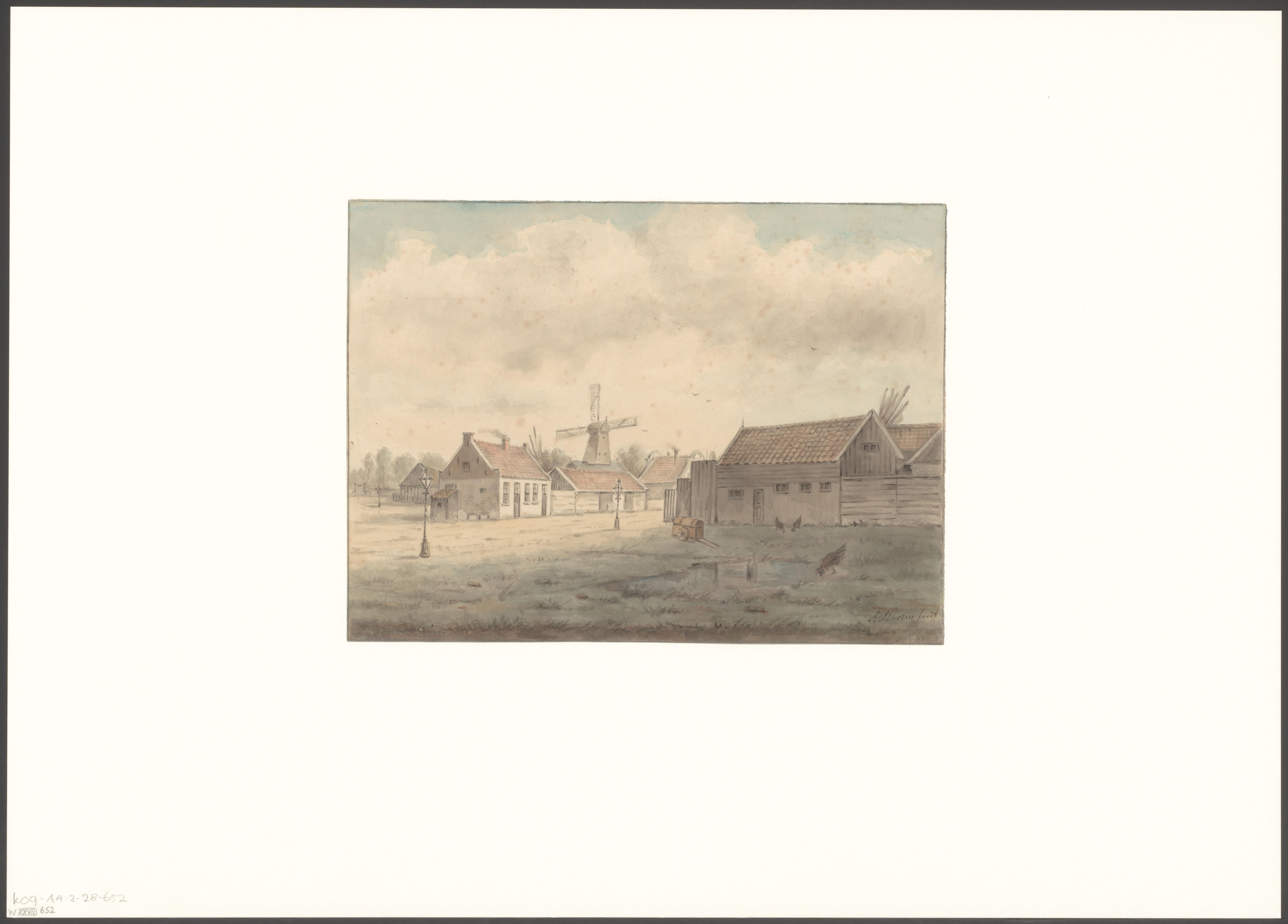Gezicht op molen De Valk vanaf de Middenweg