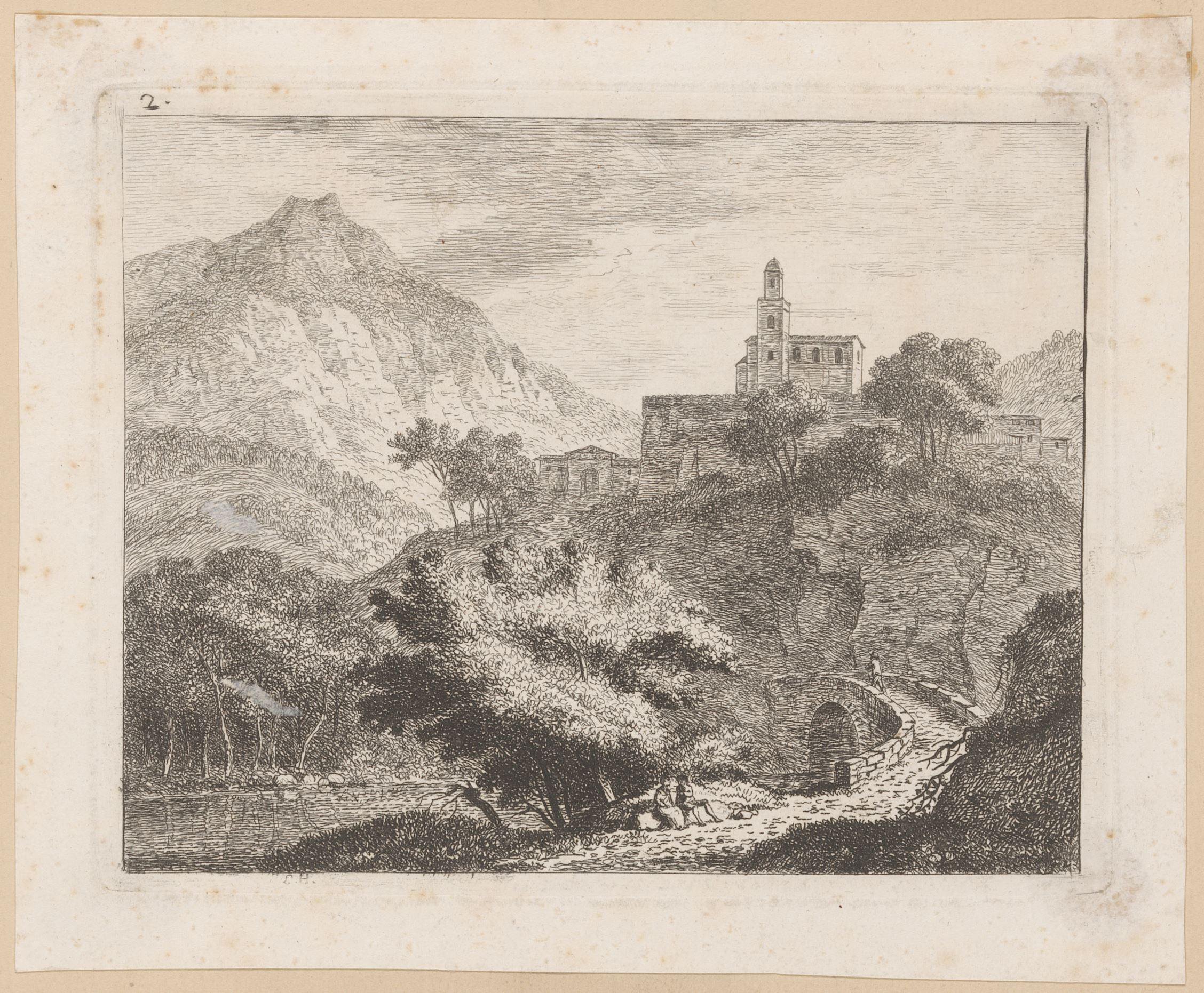 Bergachtig landschap met een gebouw op een rots