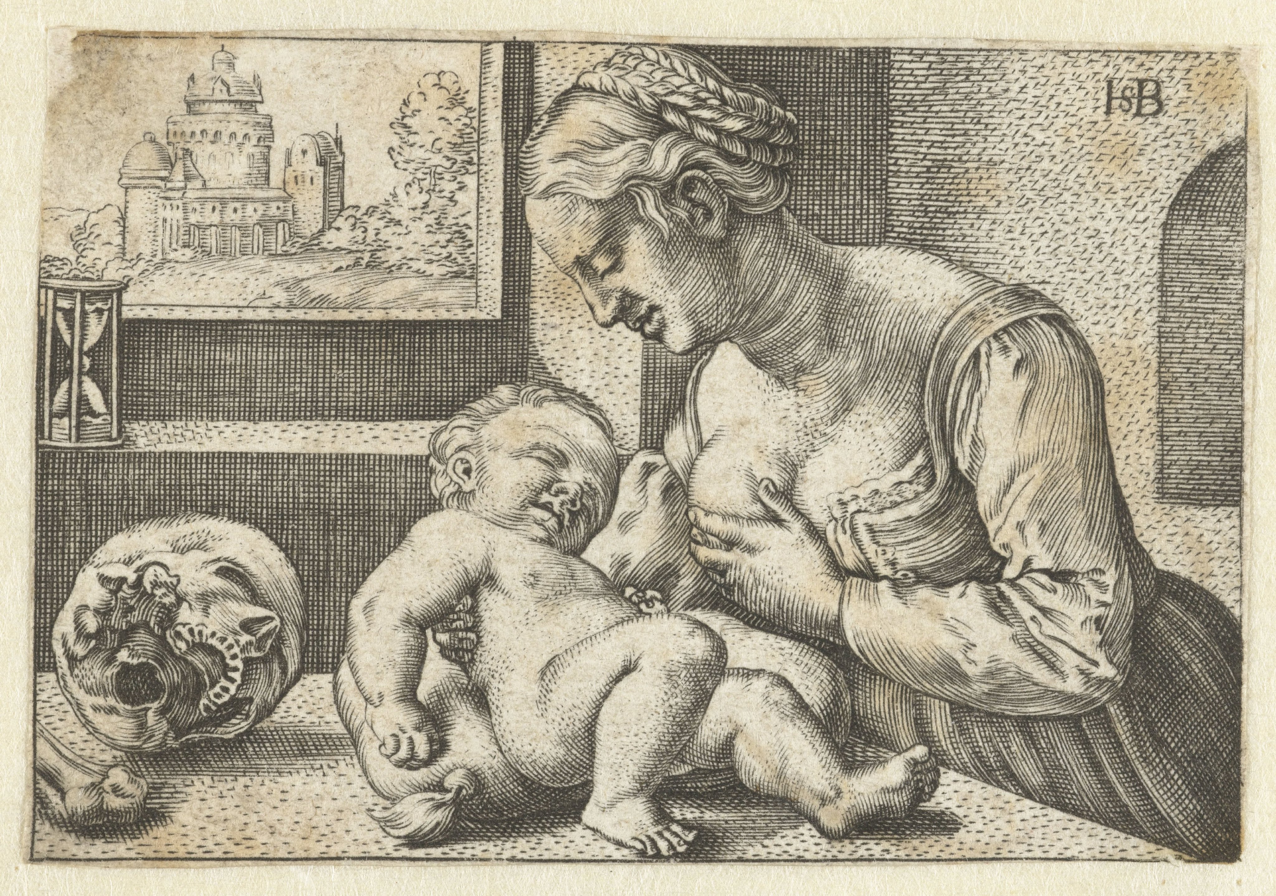 Maria geeft kind de borst en schedel