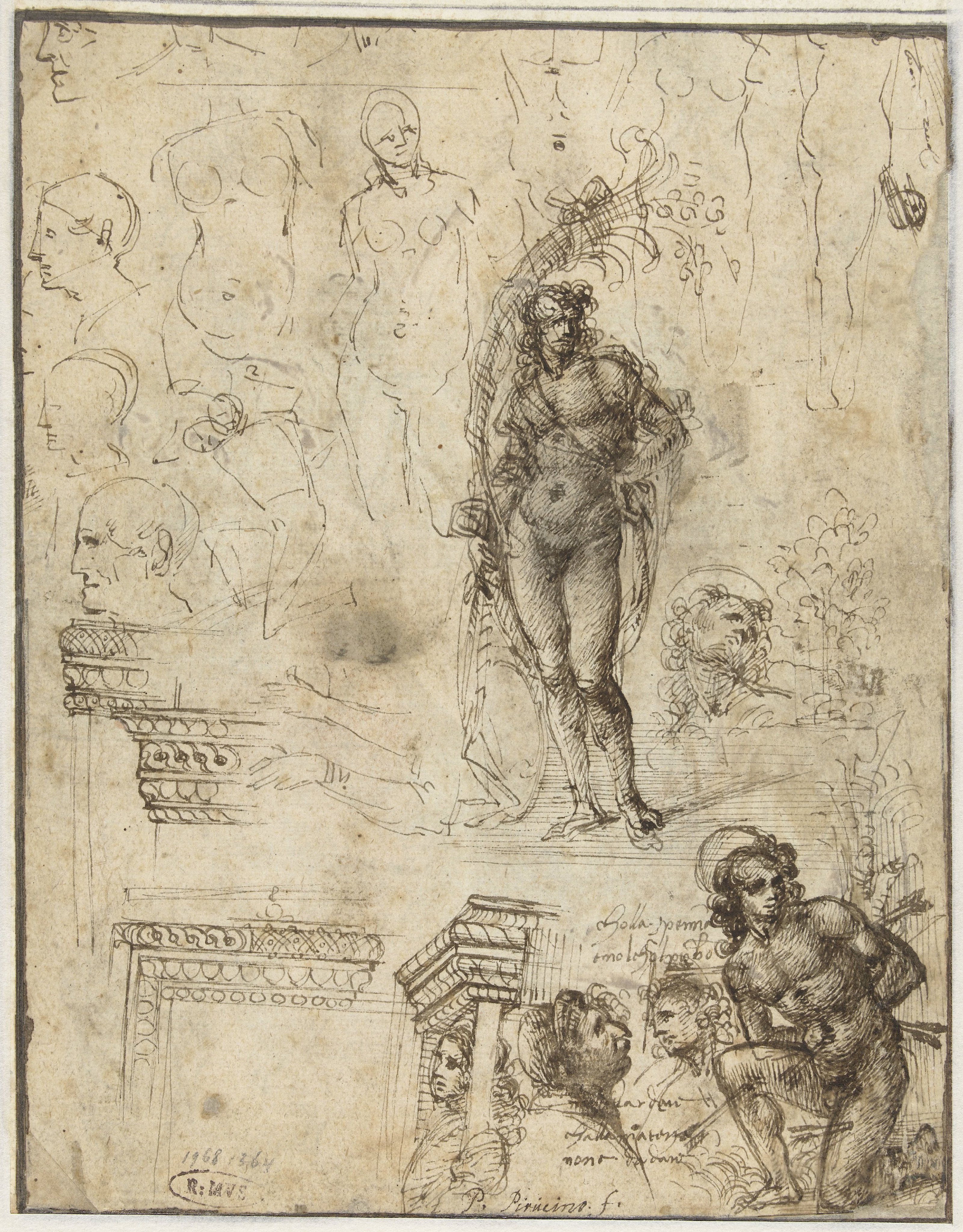 Studieblad met hoofden, figuren en architectuurfragmenten