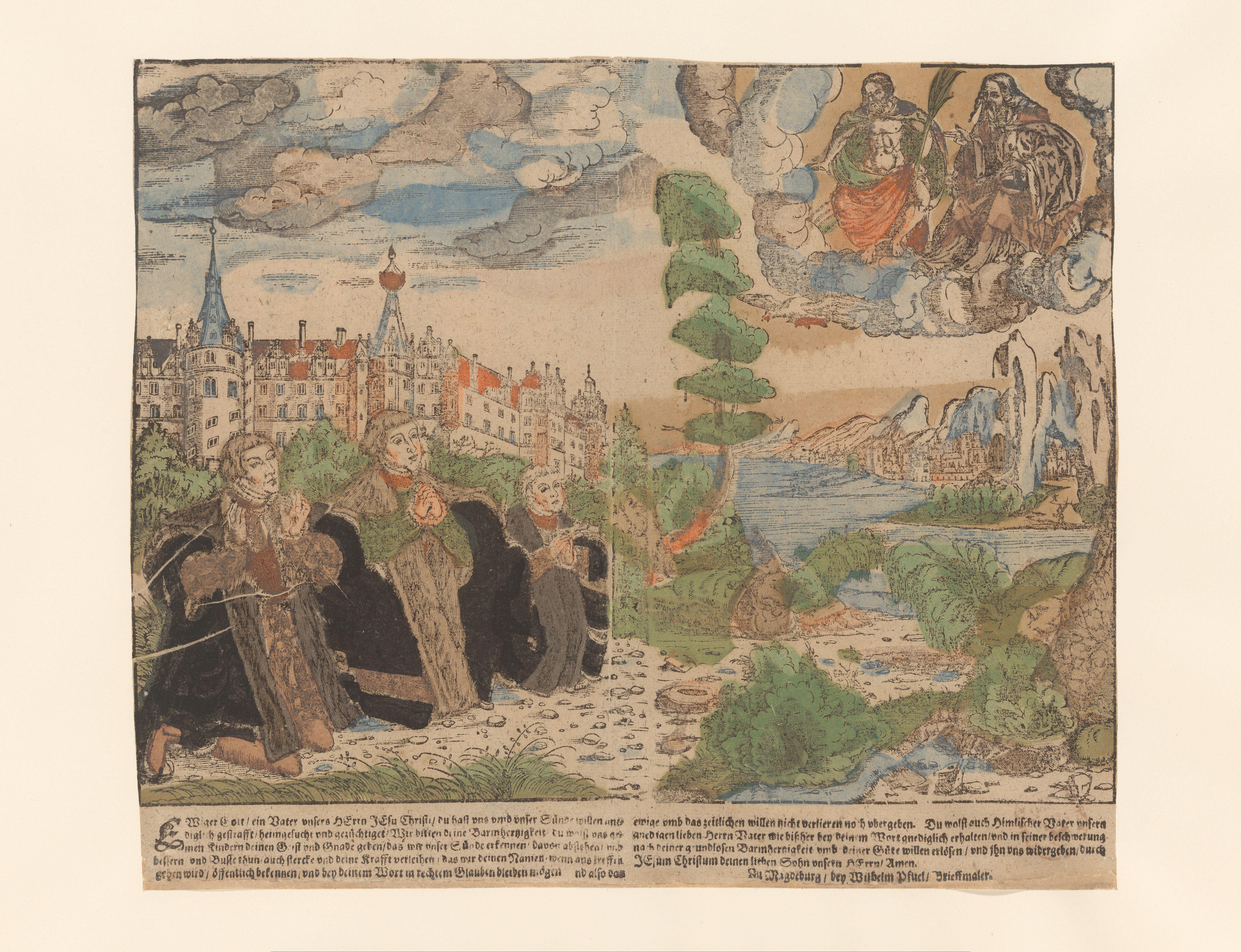 Drie zonen van Johan Frederik de Grootmoedige, keurvorst van Saksen, in aanbidding voor de Drie-eenheid met op de achtergrond het slot Torgau