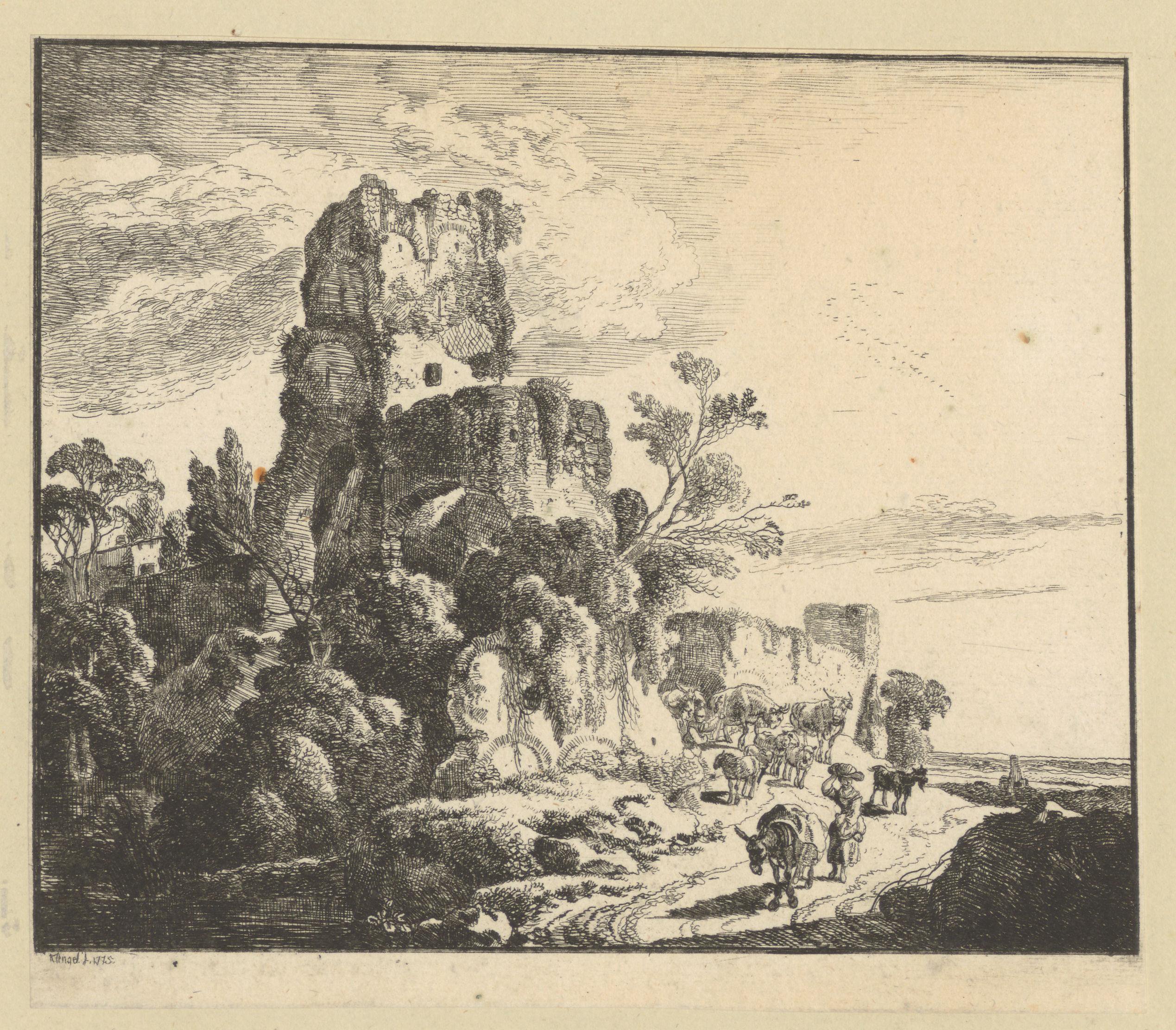 Landschap met ruïne op een rots waarvan aan de voet een herder met kudde
