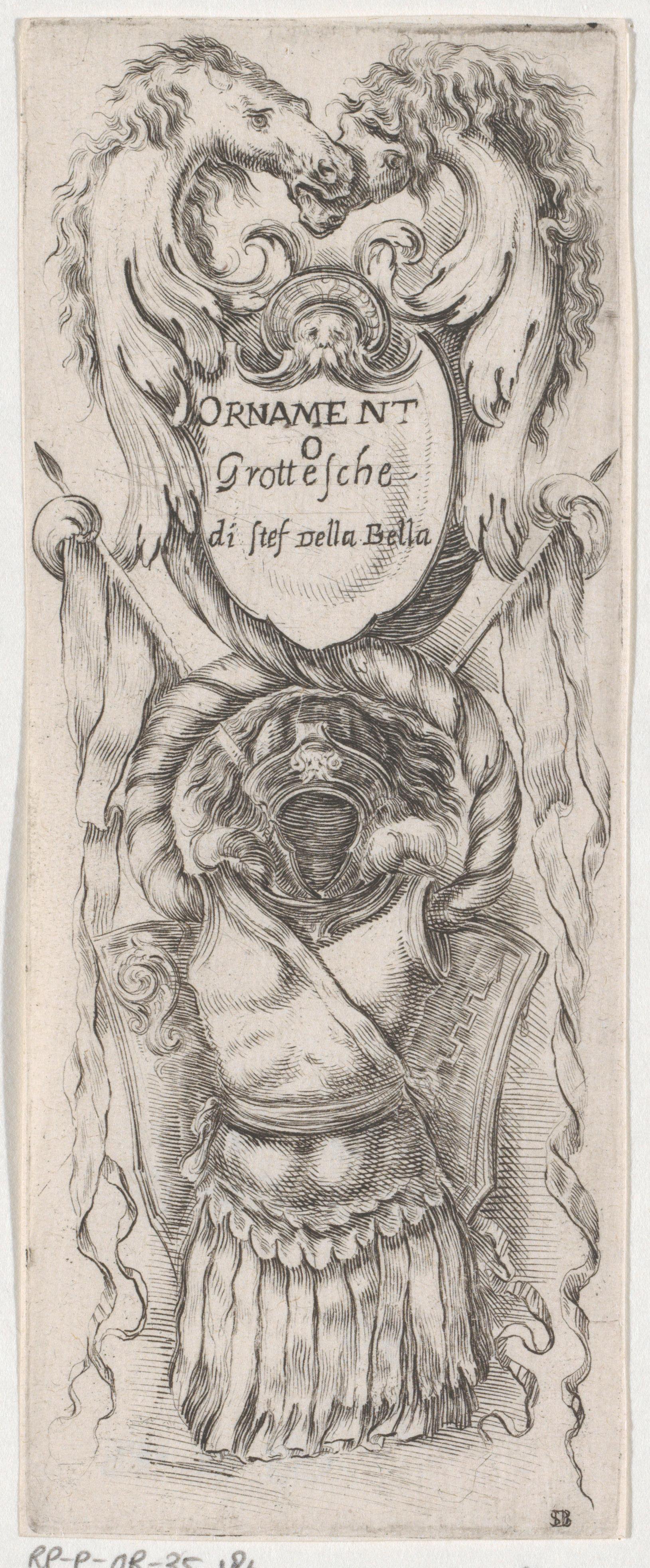 Titelprent met cartouche met wapenrusting en twee paardenhoofden