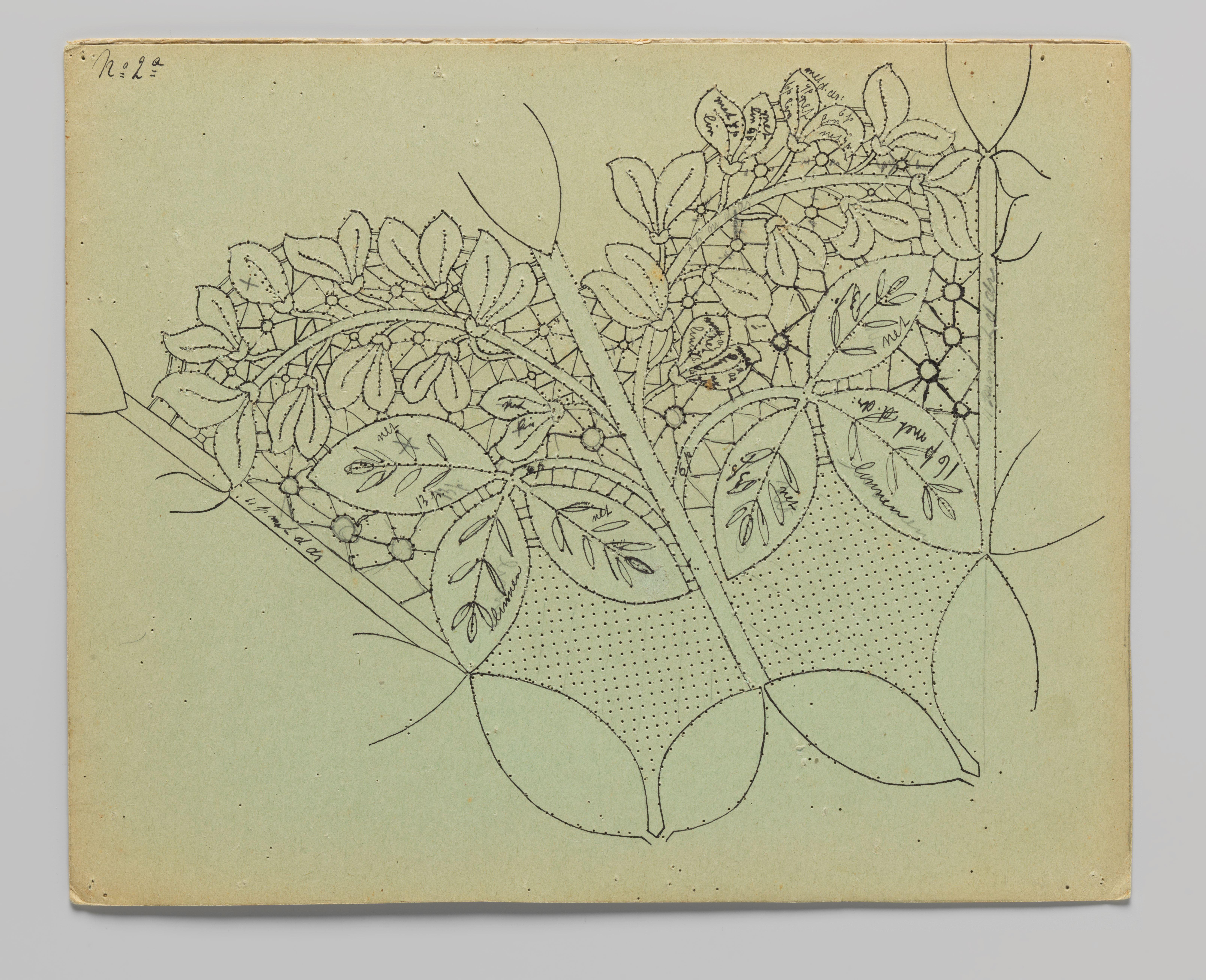 Kantpatroon voor een kleed van kloskant met goudenregentakken en -bloemen