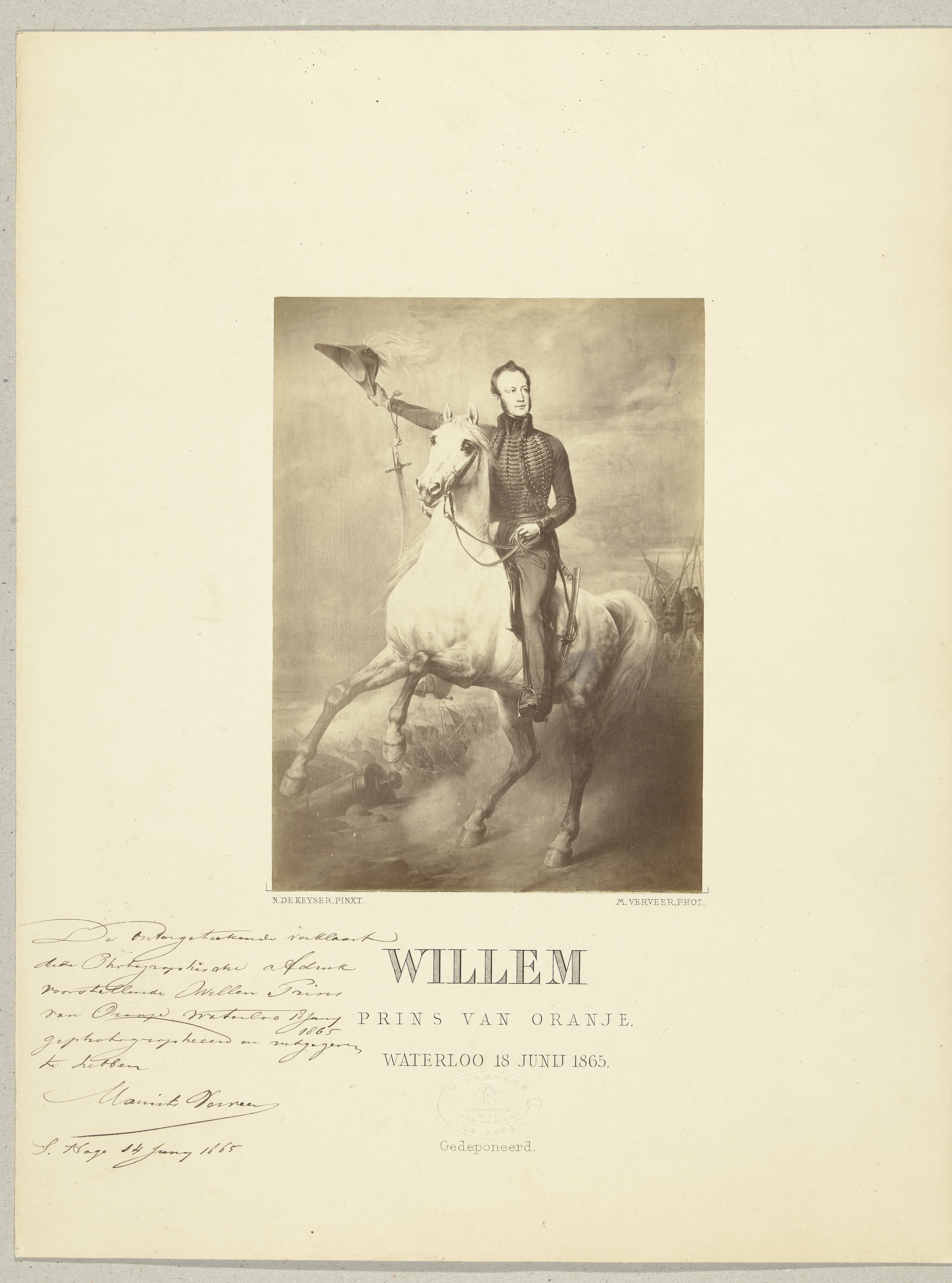 Schilderij van koning Willem II op het slagveld van Waterloo