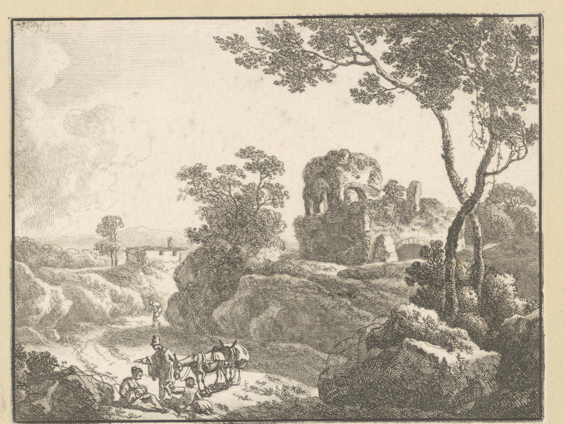 Landschap met ruïne en rustende reizigers bij hun ezels