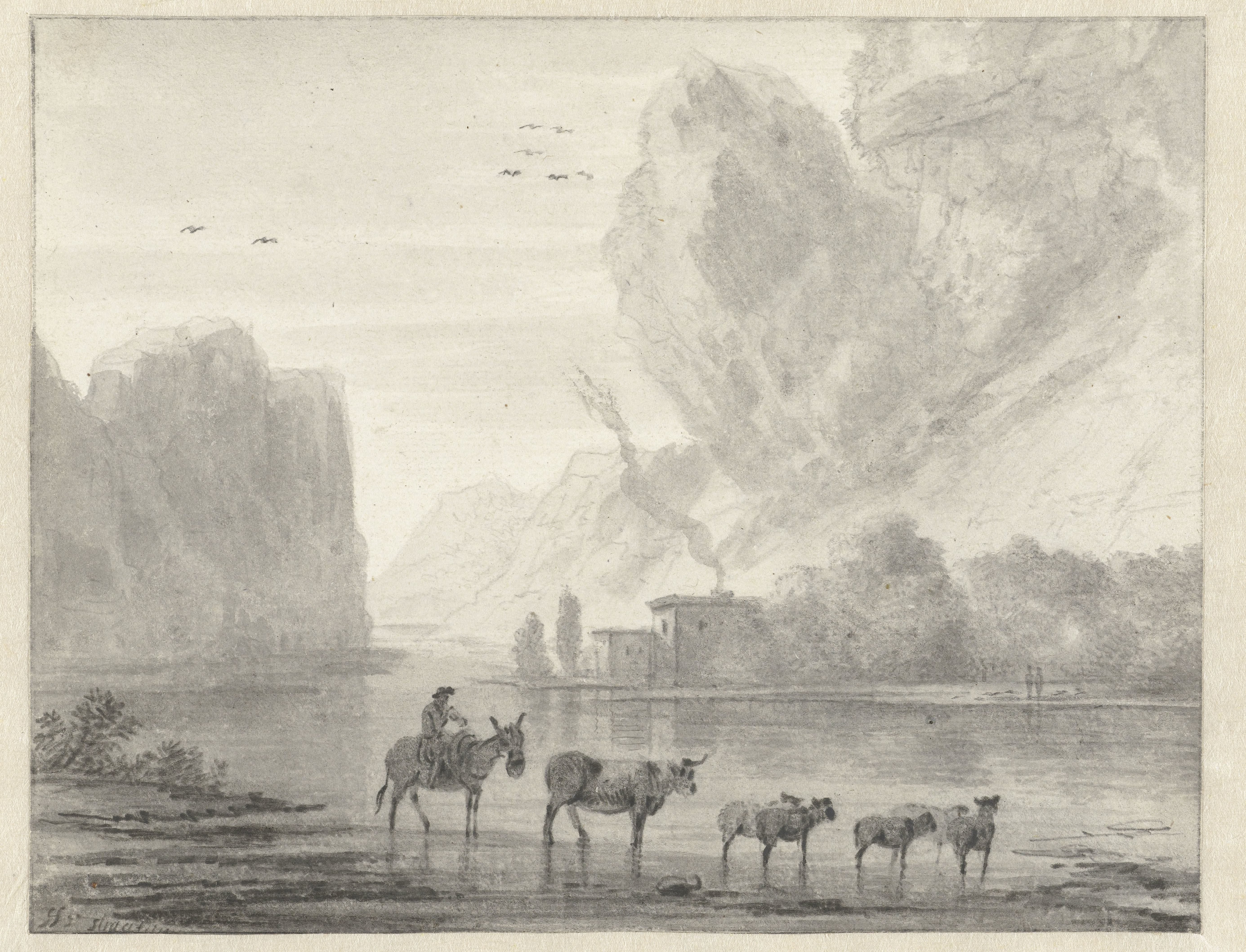 Rocky River Landscape with a Herder with his Cattle and Sheep