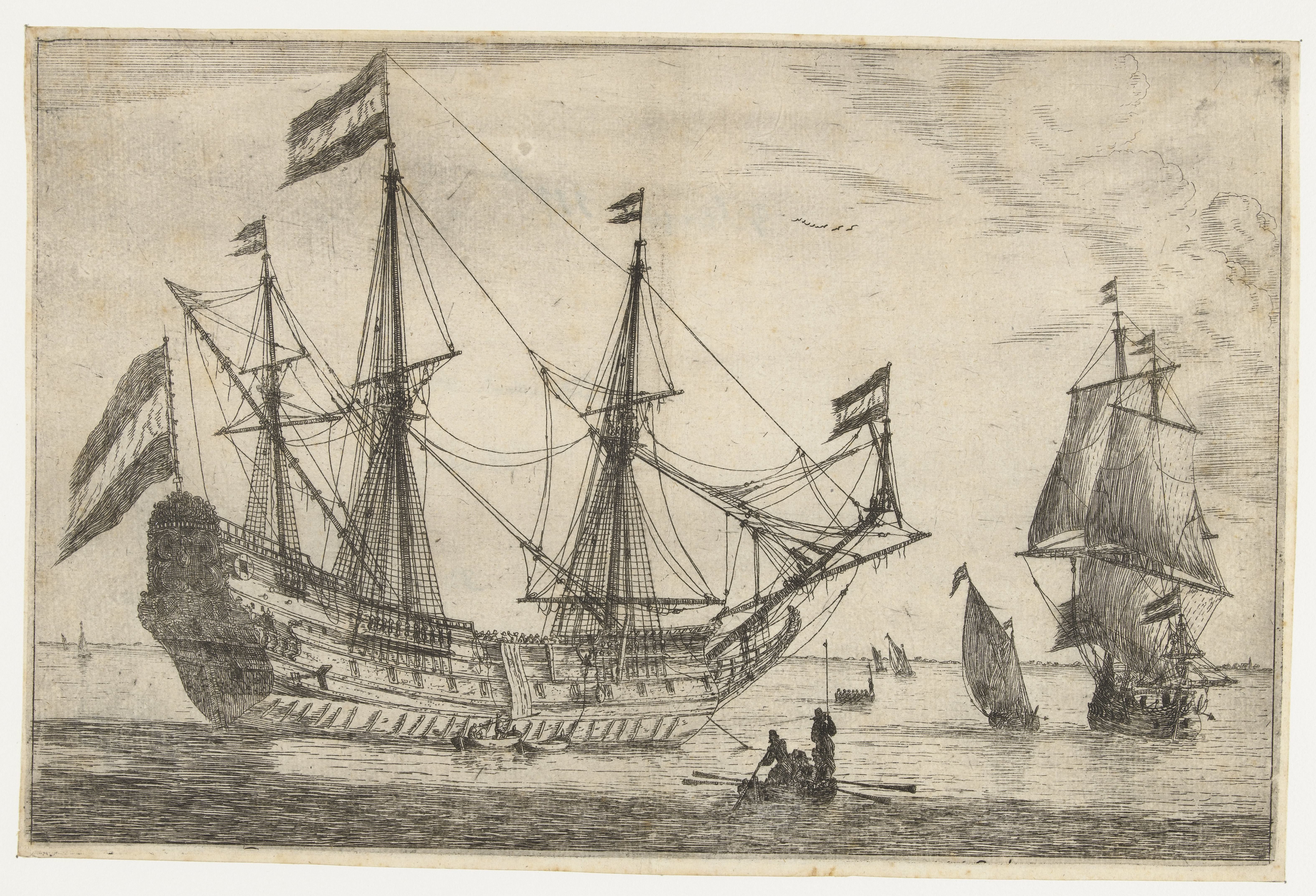 Groot zeilschip en een roeiboot