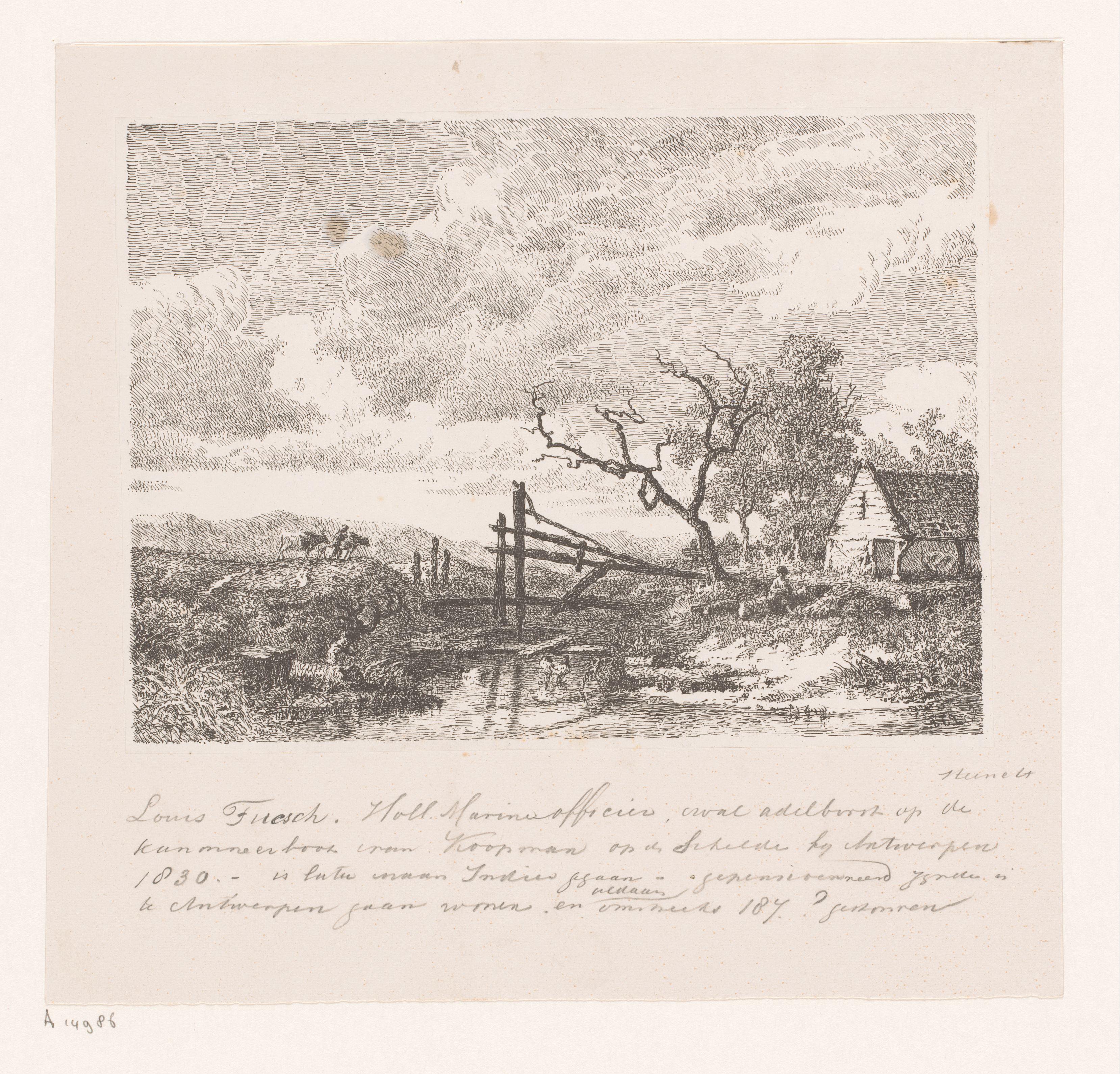 Landschap met constructie van houten palen over een sloot