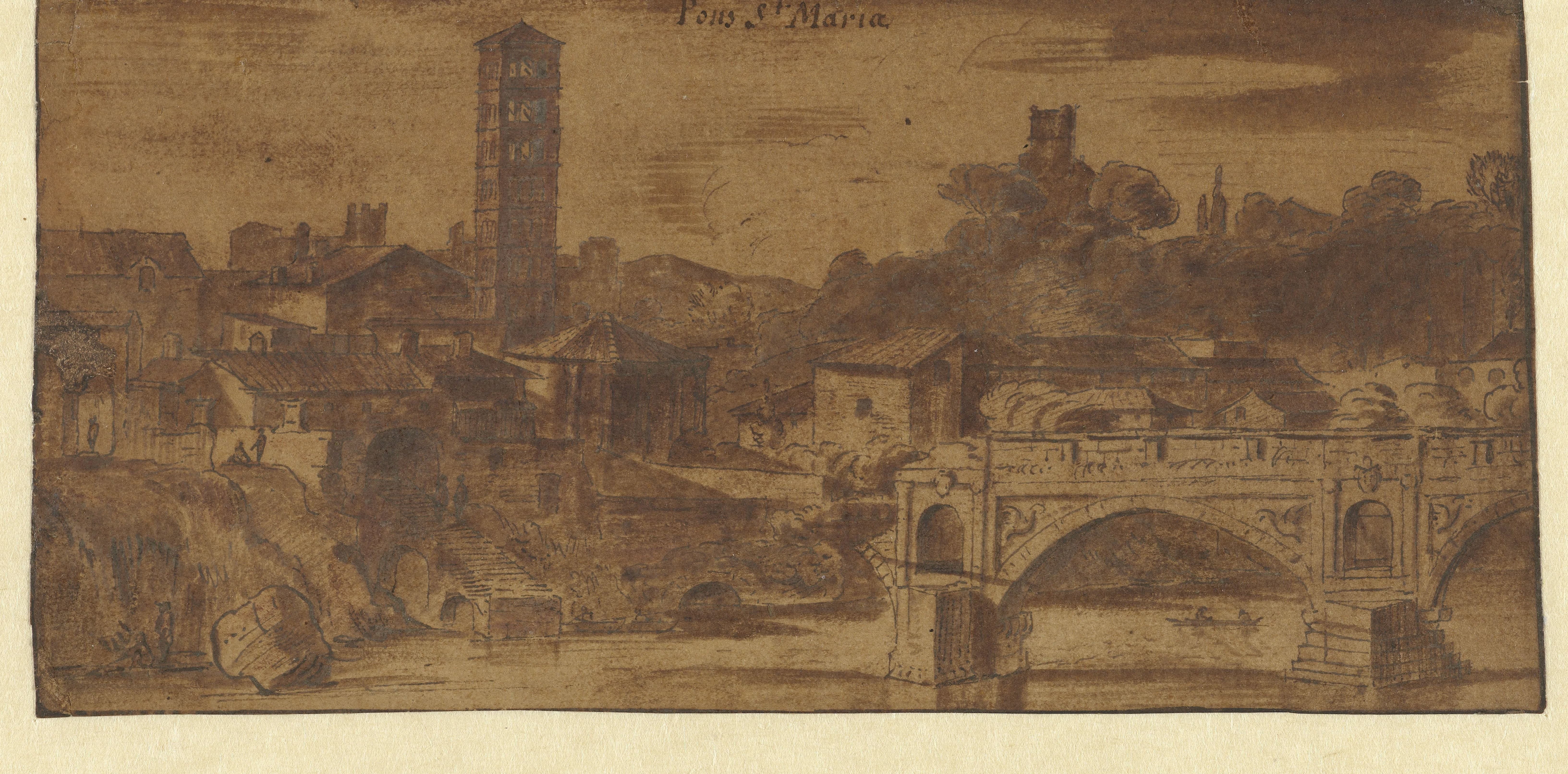 Gezicht op de S. Maria in Cosmedin, de Vesta tempel en de Ponte S. Maria te Rome