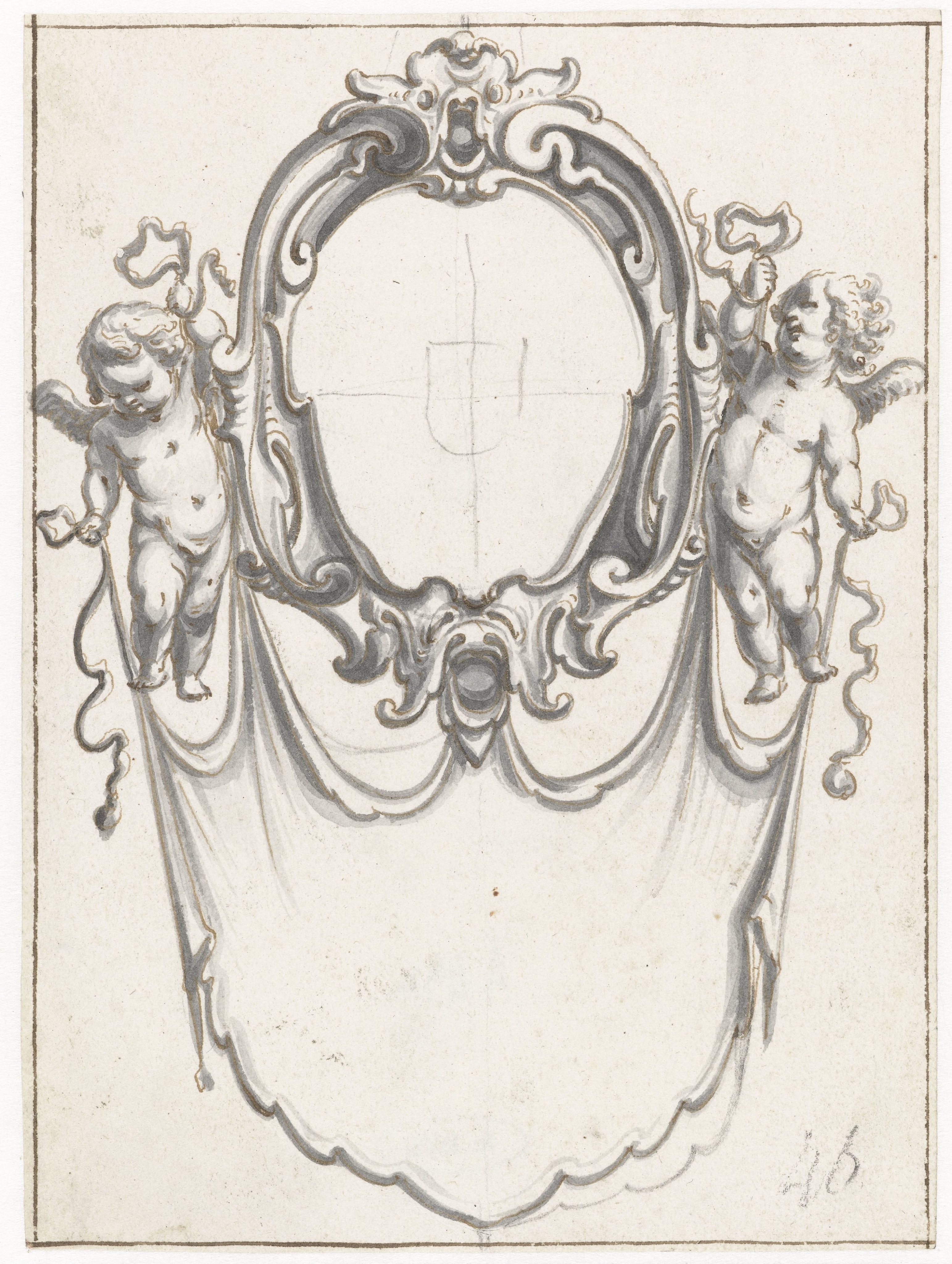 Cartouche met twee putti met een draperie