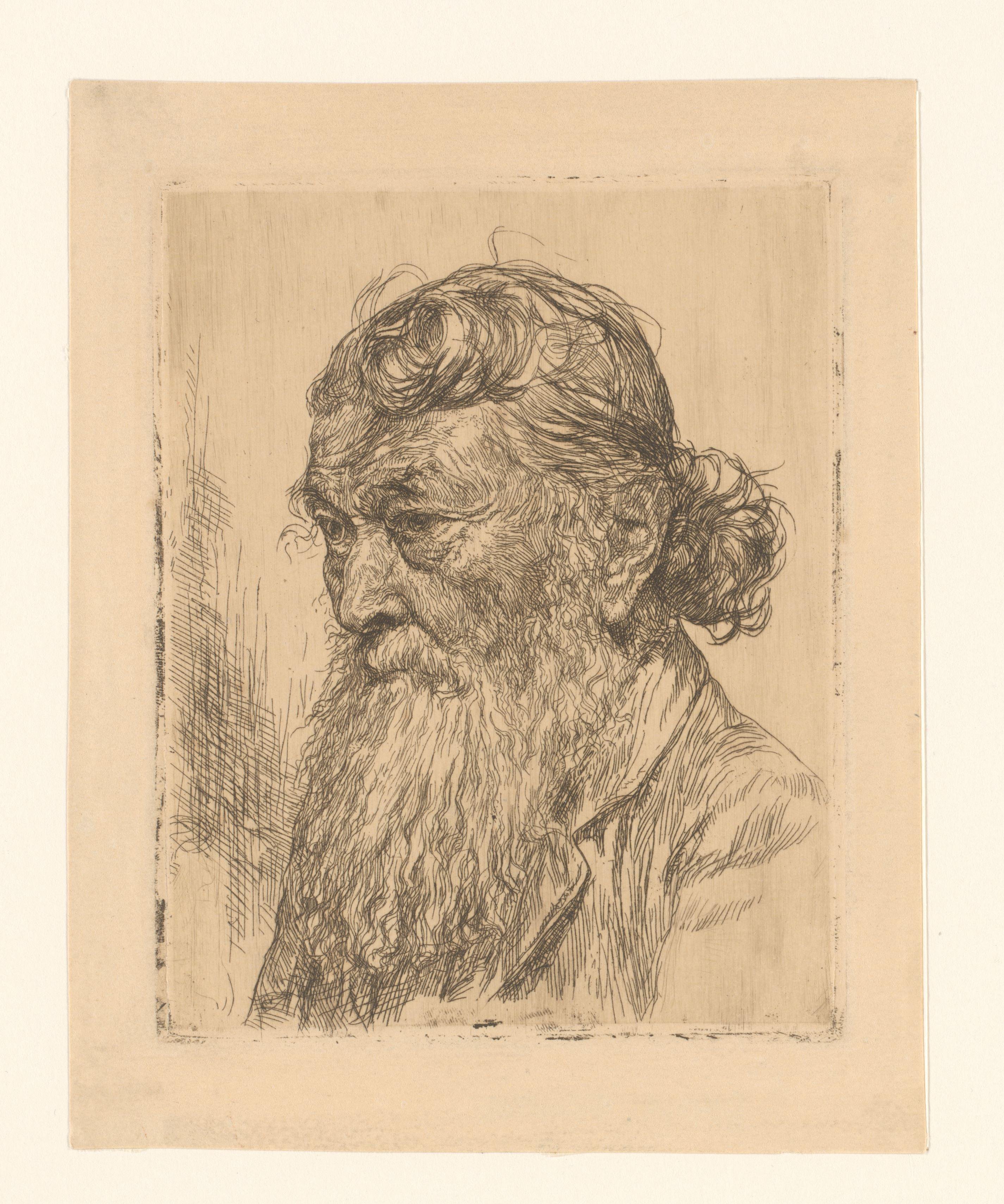 Hoofd van een oude man met baard en haar in een knot