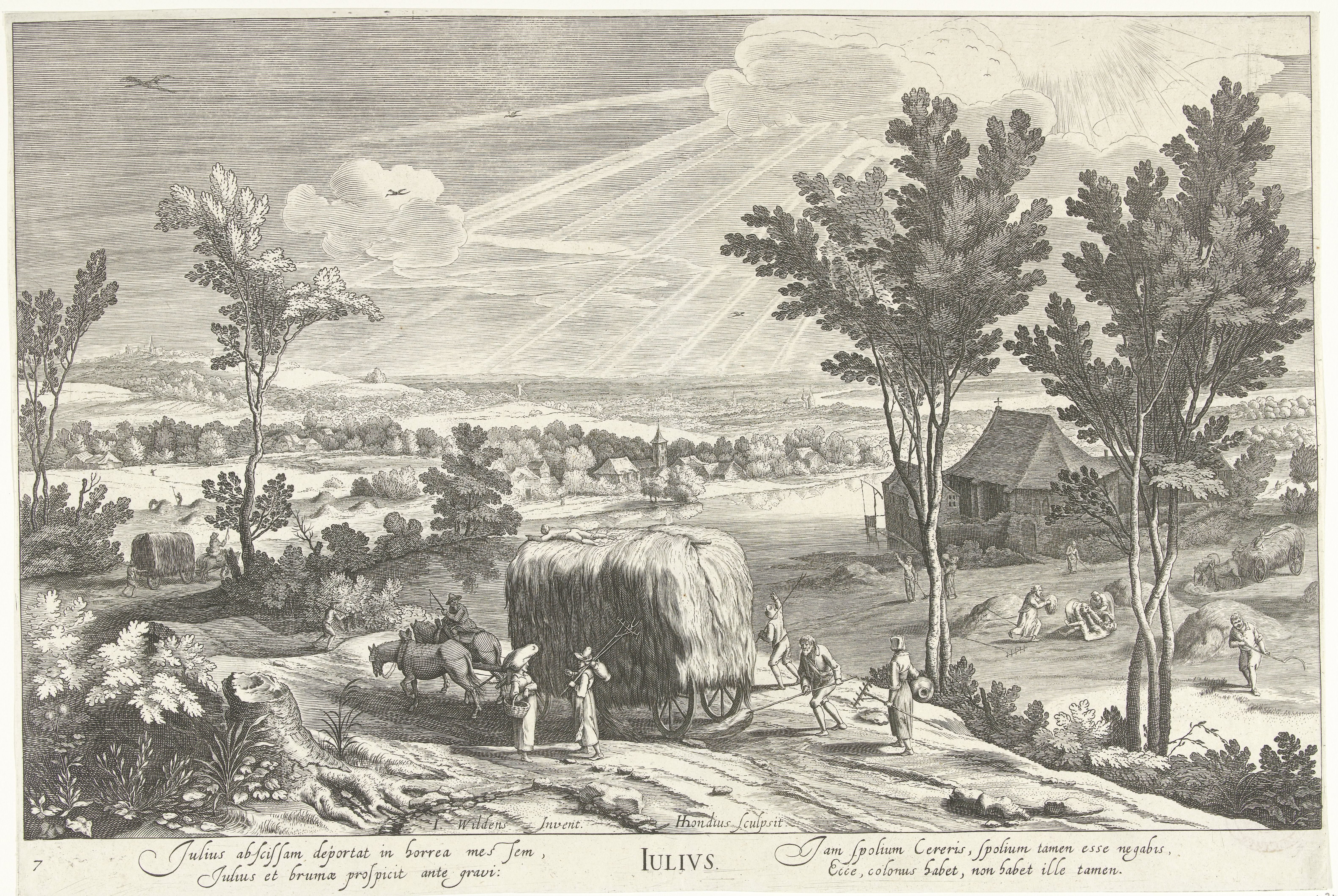 Juli, met boeren in een landschap