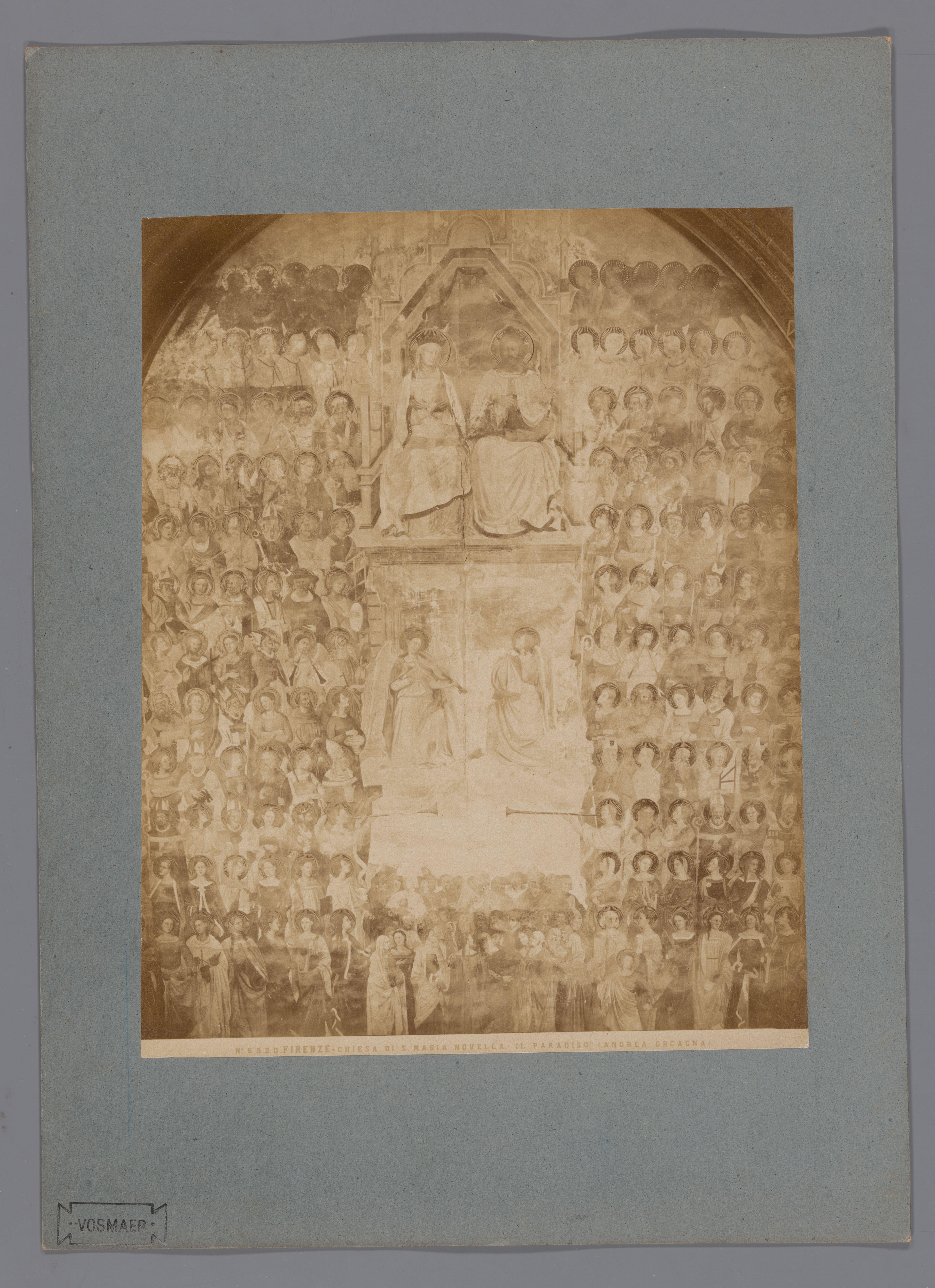 Fotoreproductie van het fresco Het Paradijs naar Orcagna in de Santa Maria Novella te Florence, Italië