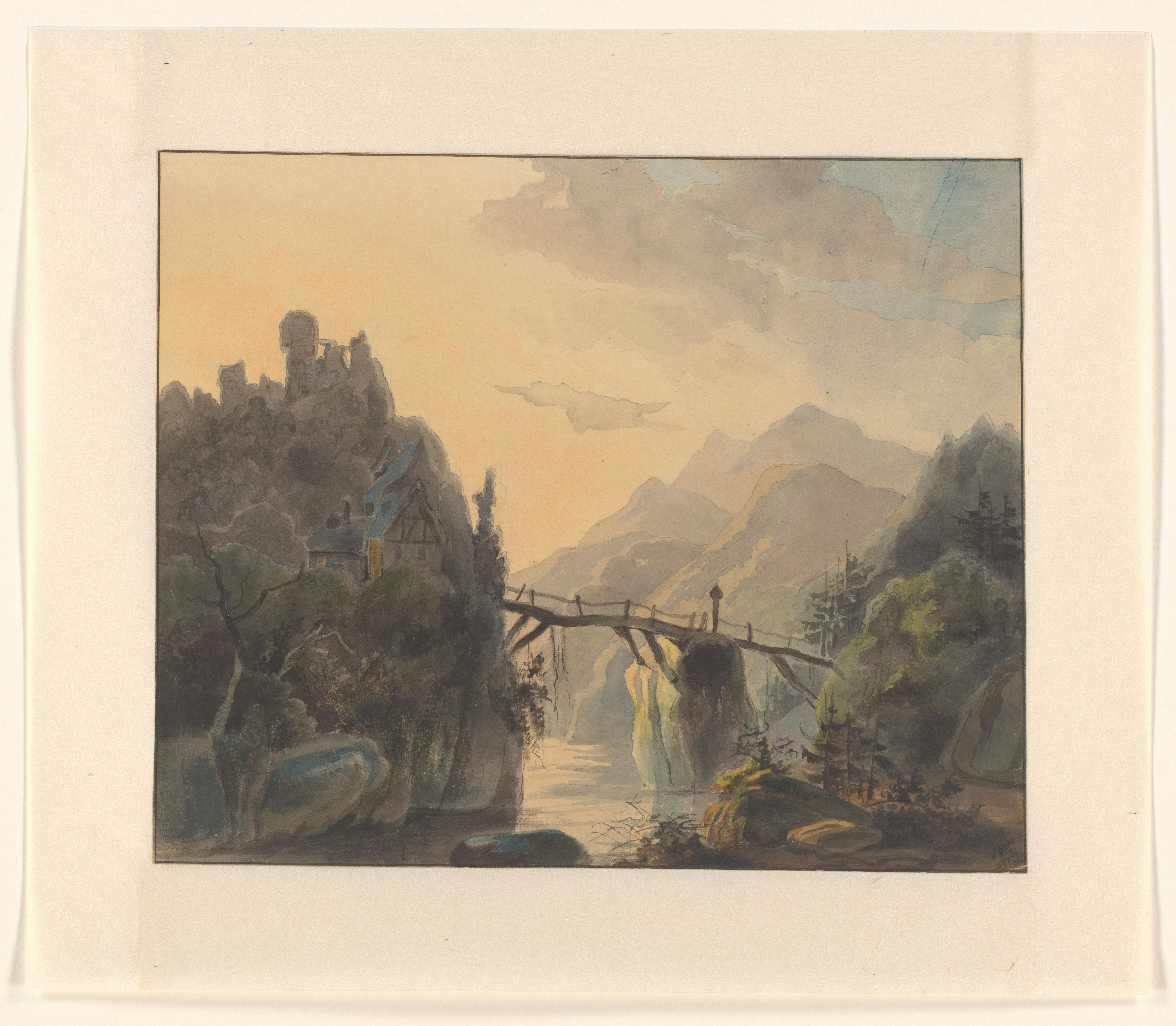Berglandschap met houten brug over een rivier