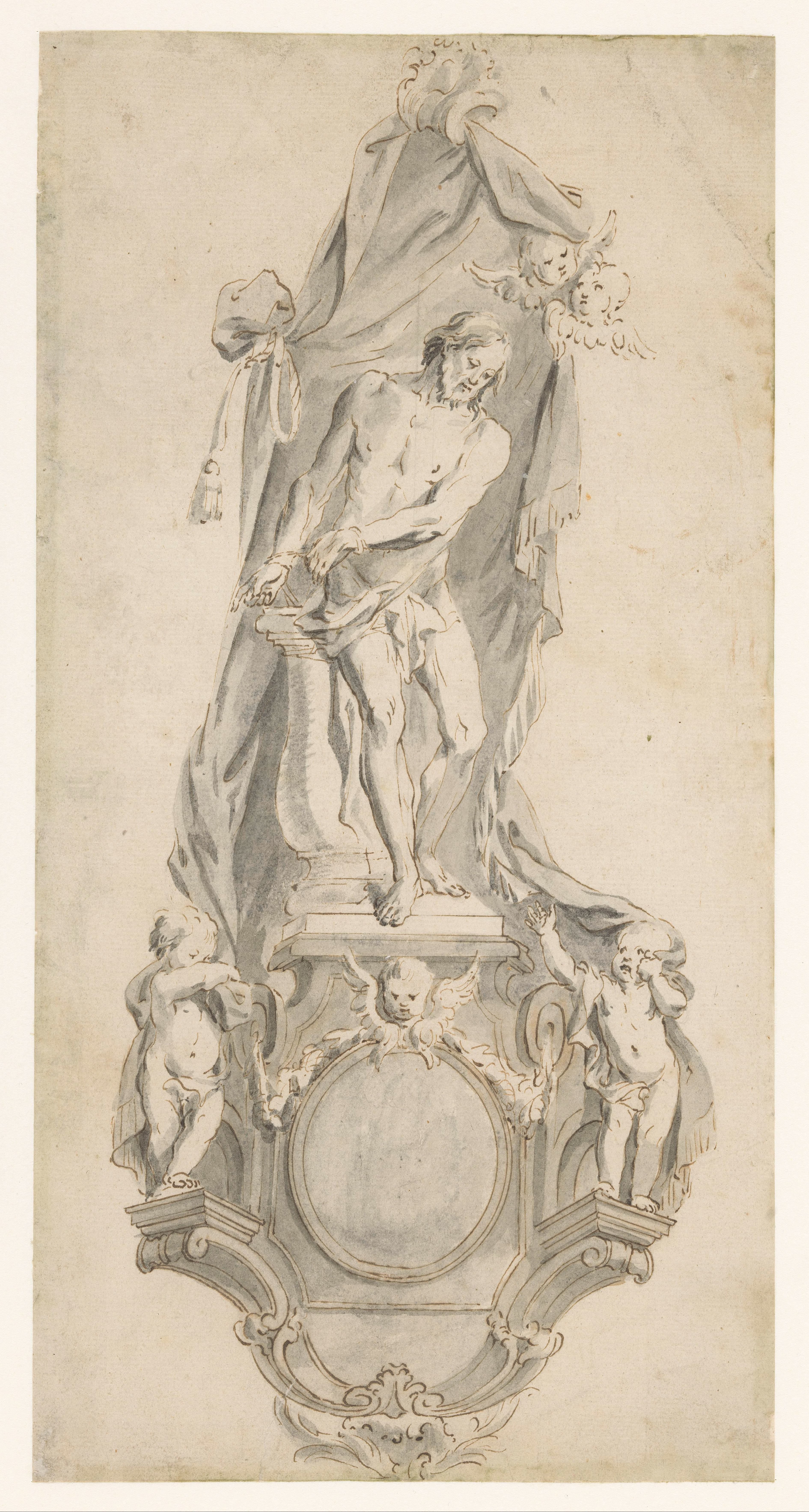 Ornamentaal ontwerp met Christus aan de geselpaal