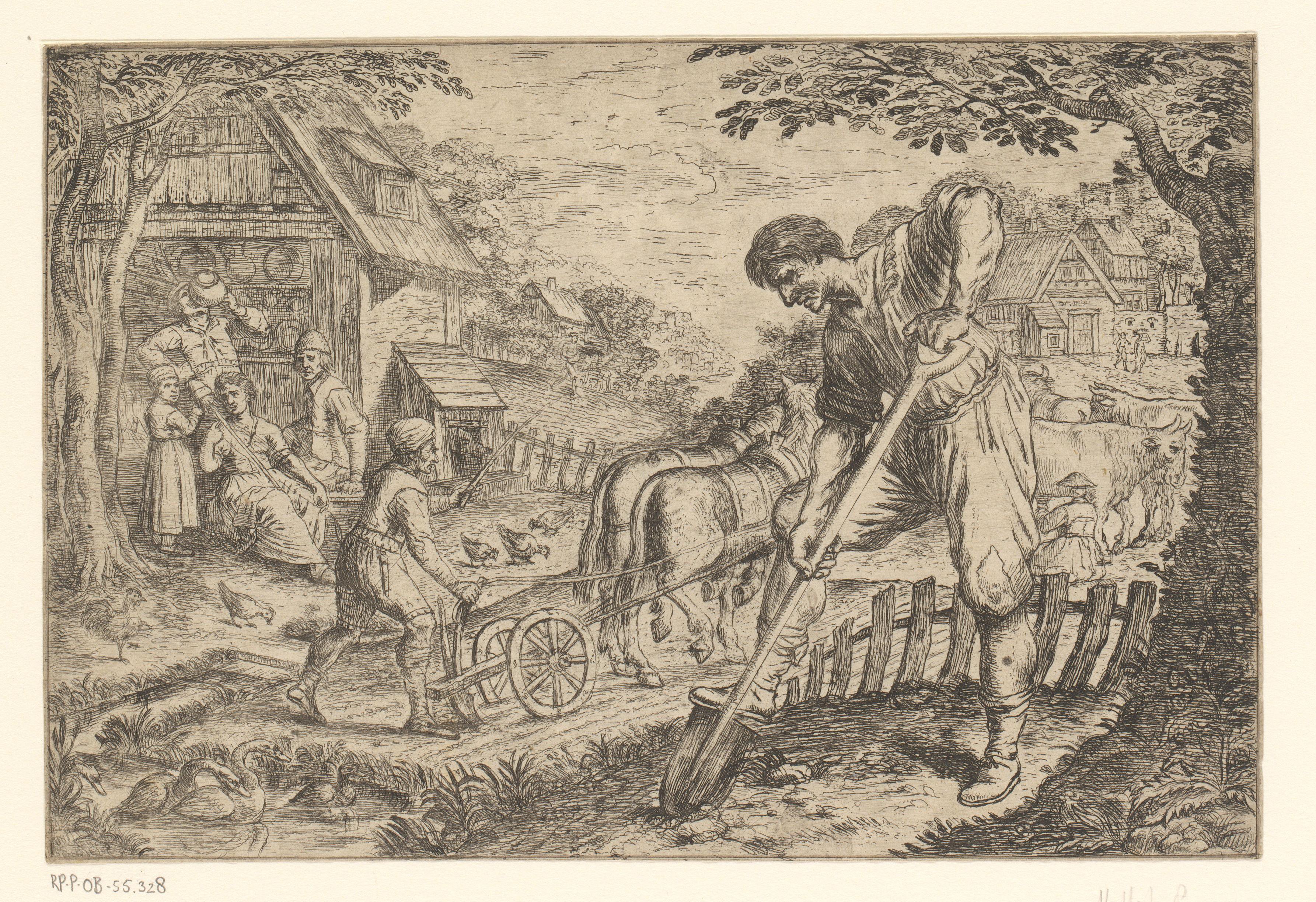 Gezicht op een dorp met boeren