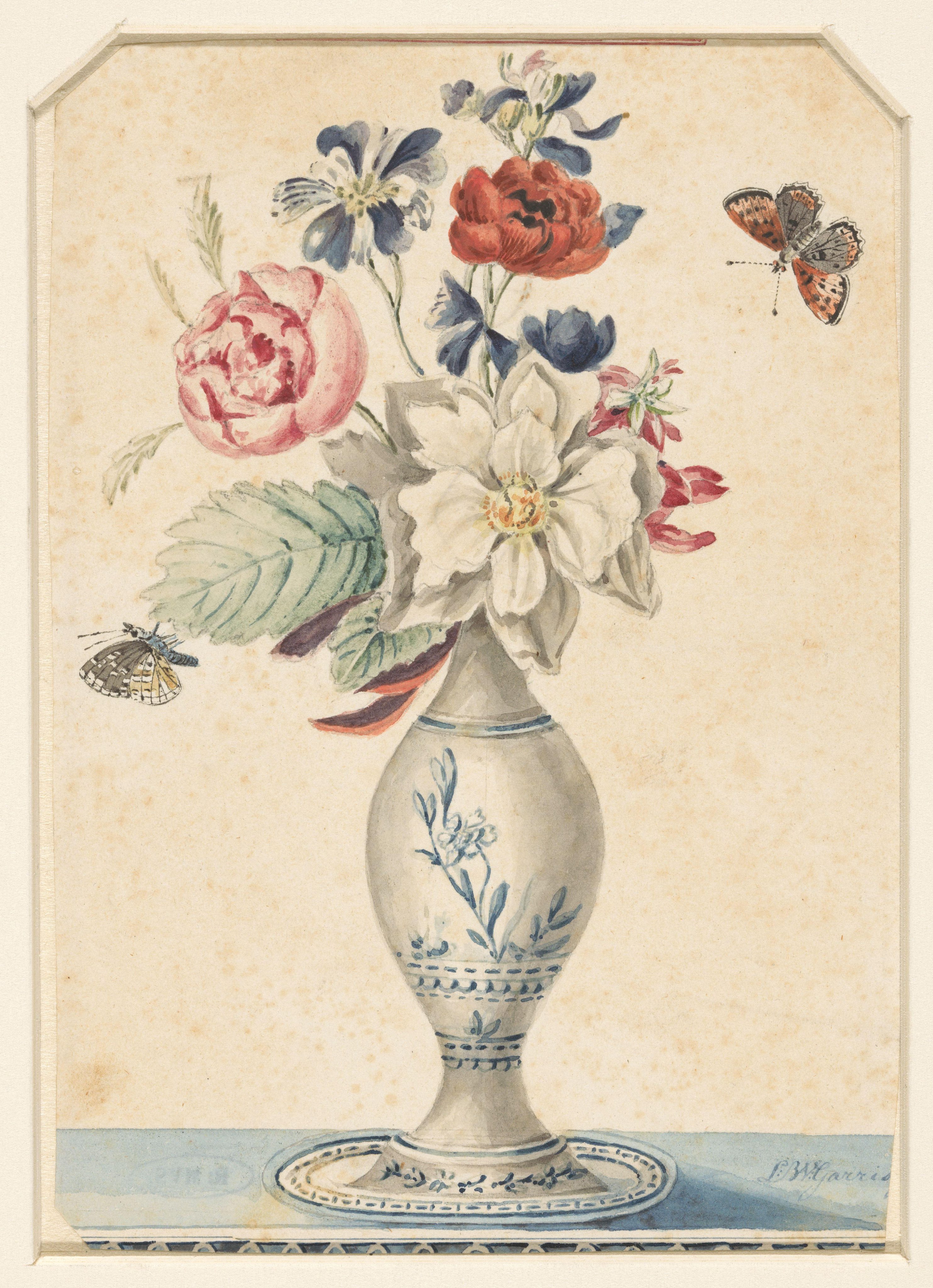 Vaasje met bloemen en een grijsgele vlinder