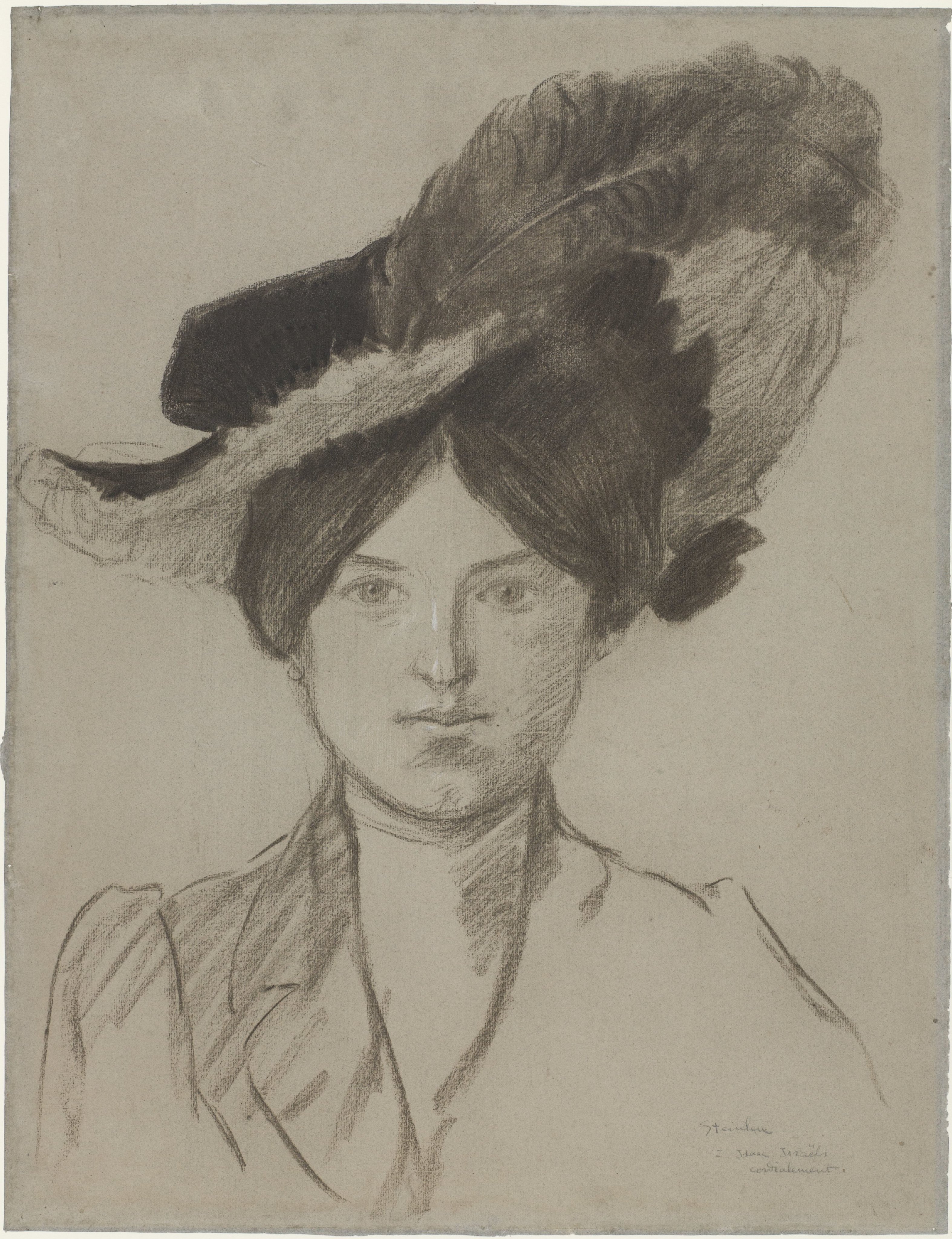 Portret van een dame met brede hoed met veren, van voren gezien