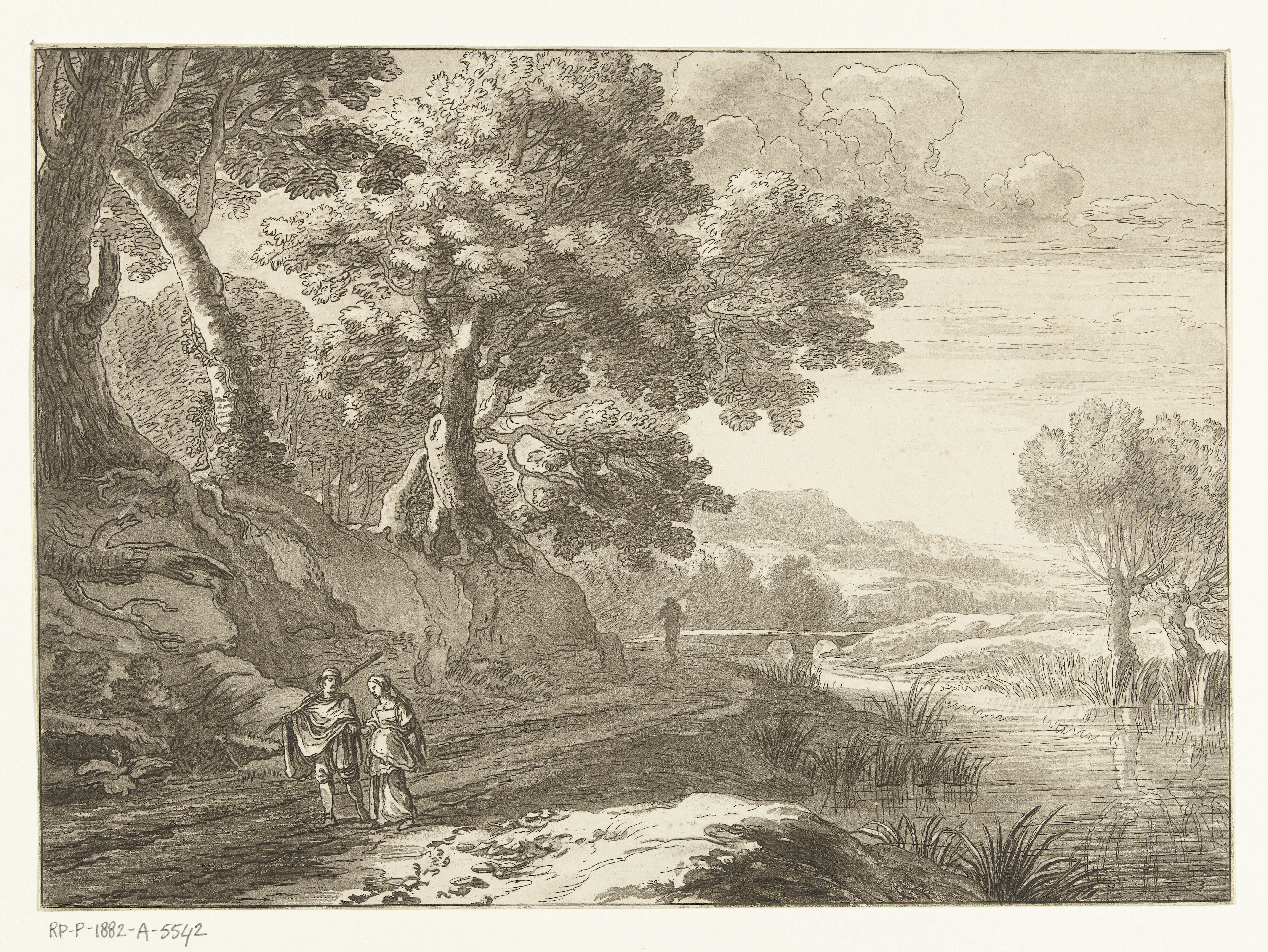 Italianiserend landschap met drie wandelaars