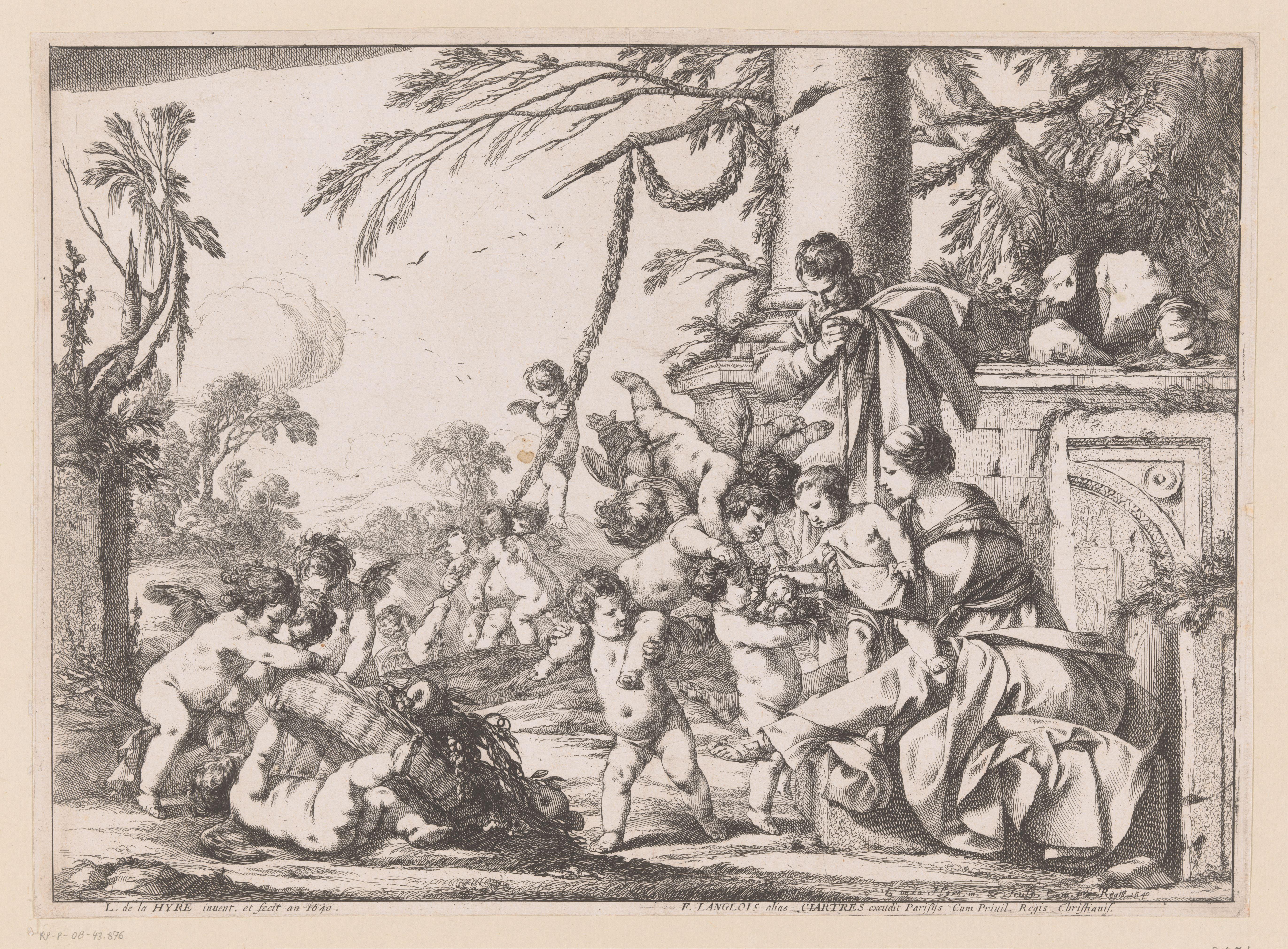 Heilige Familie en putti met fruitmand in een landschap