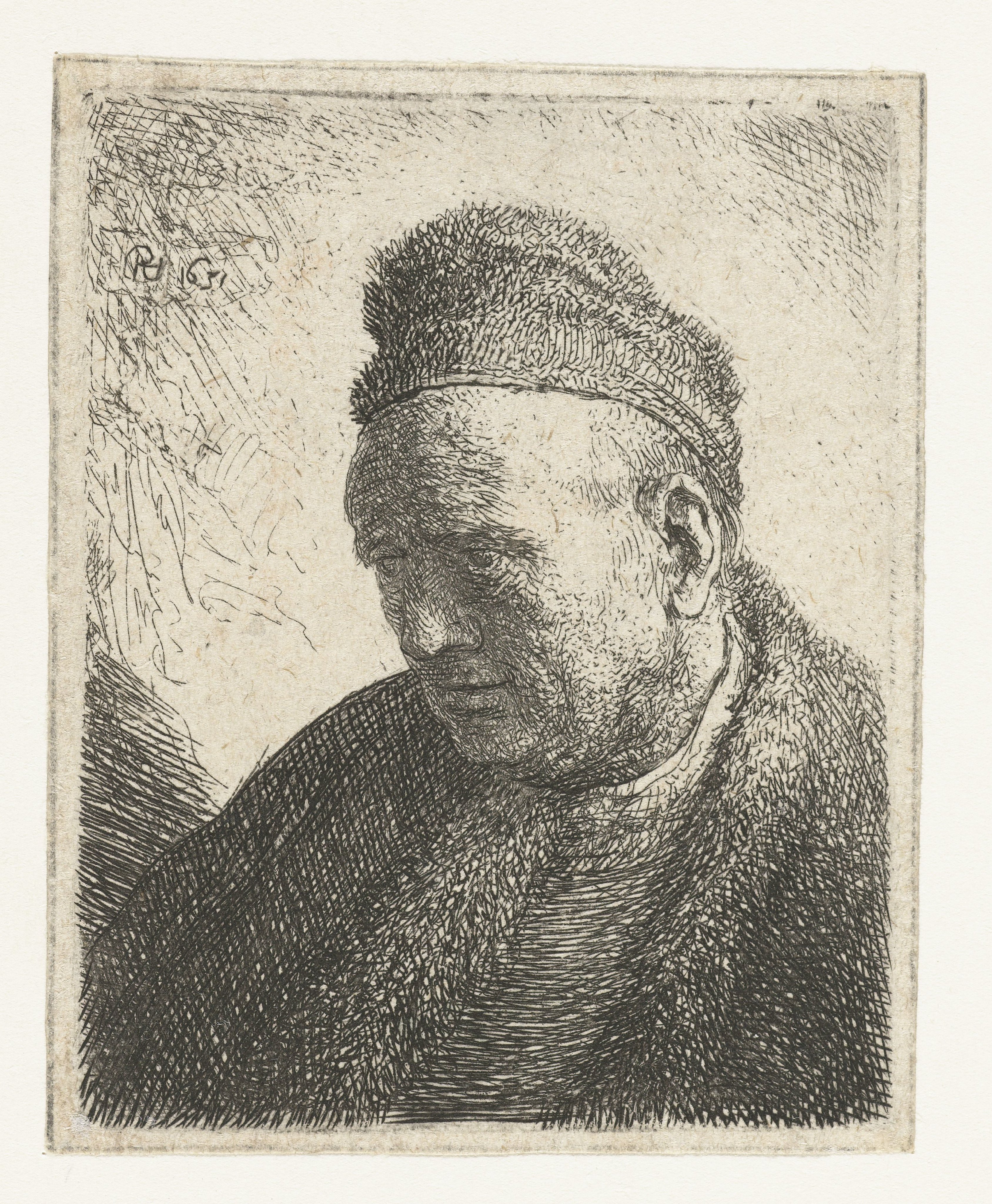 Beardless man in a fur cloak and cap: bust