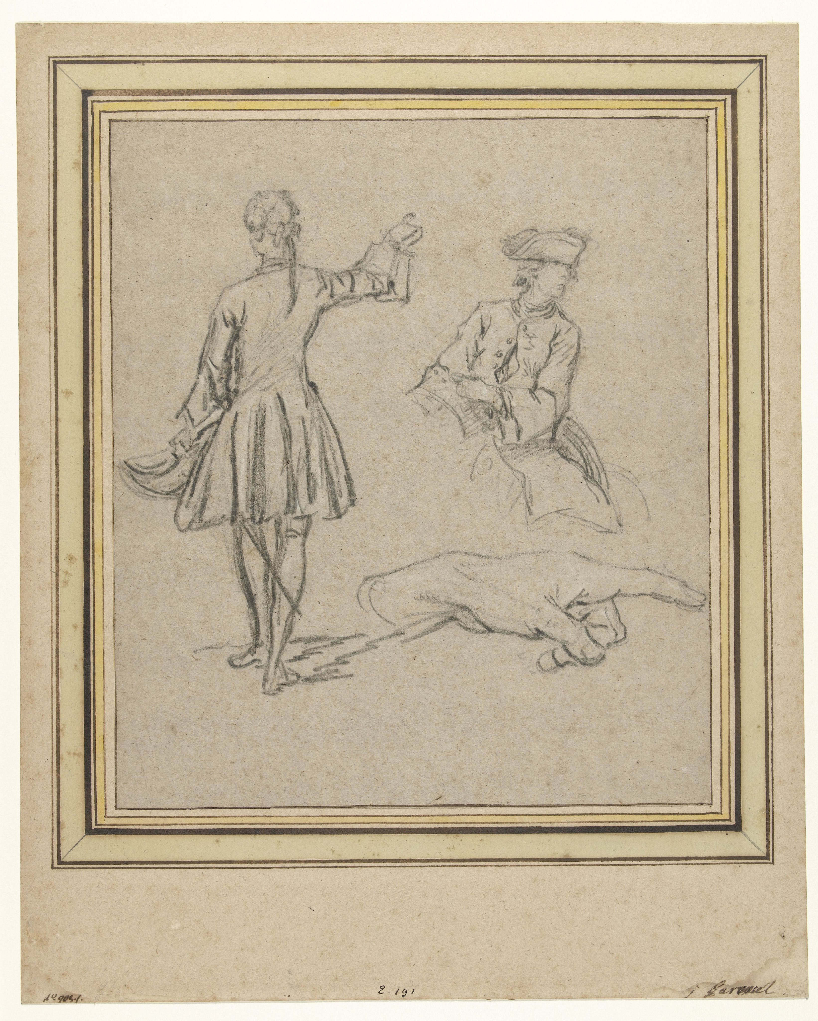 Studieblad met een staande man, een halffiguur van een ruiter en een hand