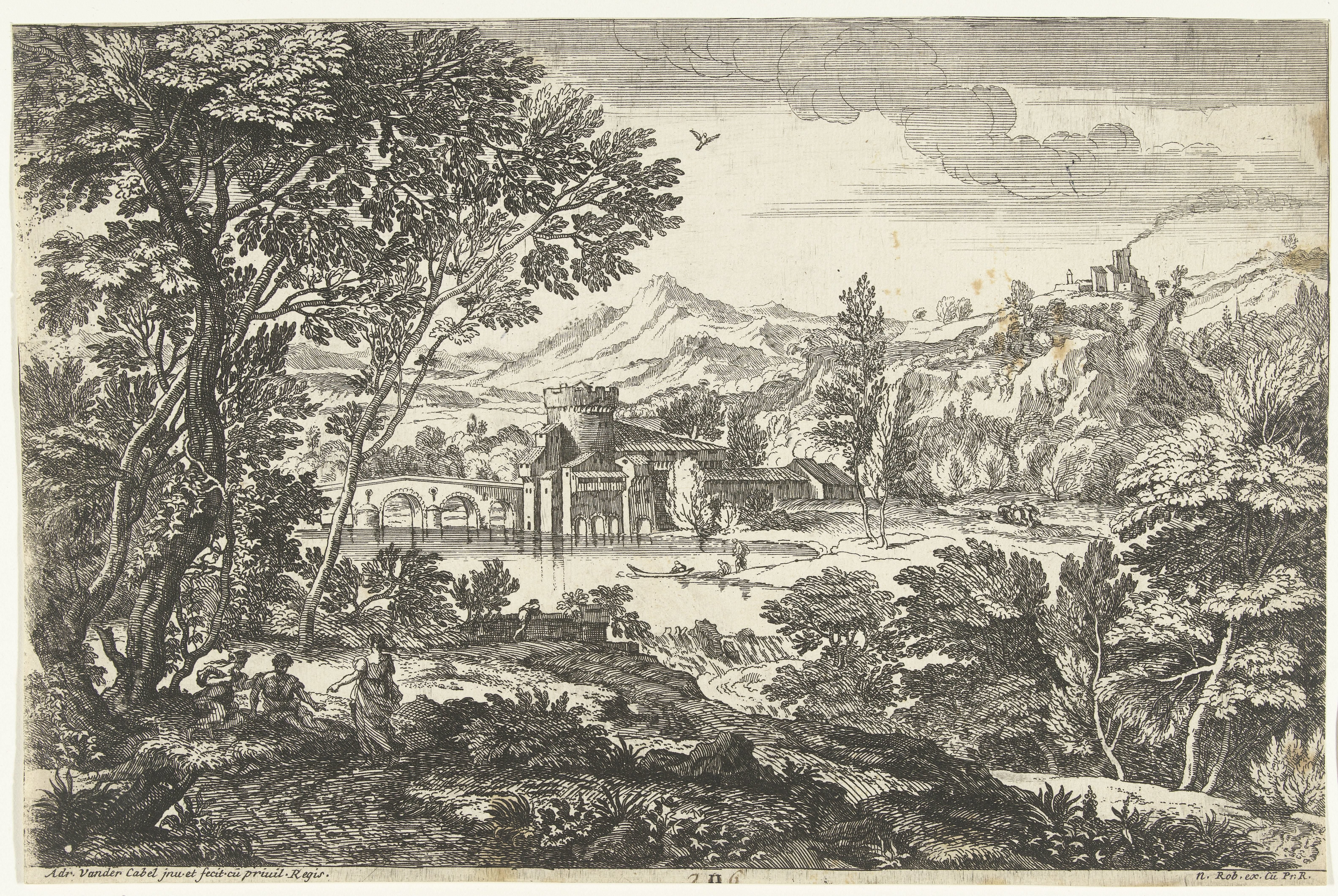 Landschap met drie personen onder een boom