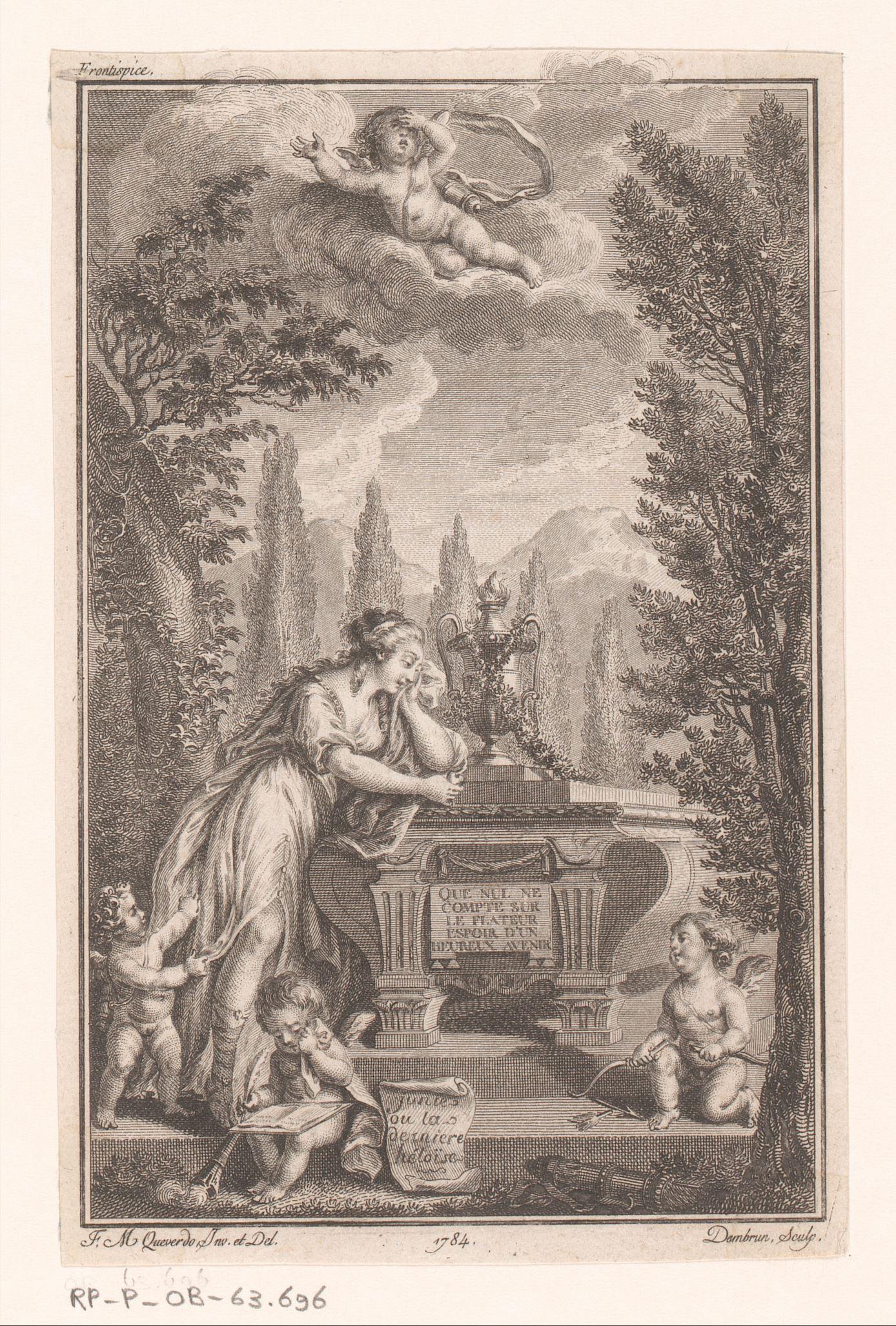 Titelprent met een vrouw met putti bij een tombe in een tuin