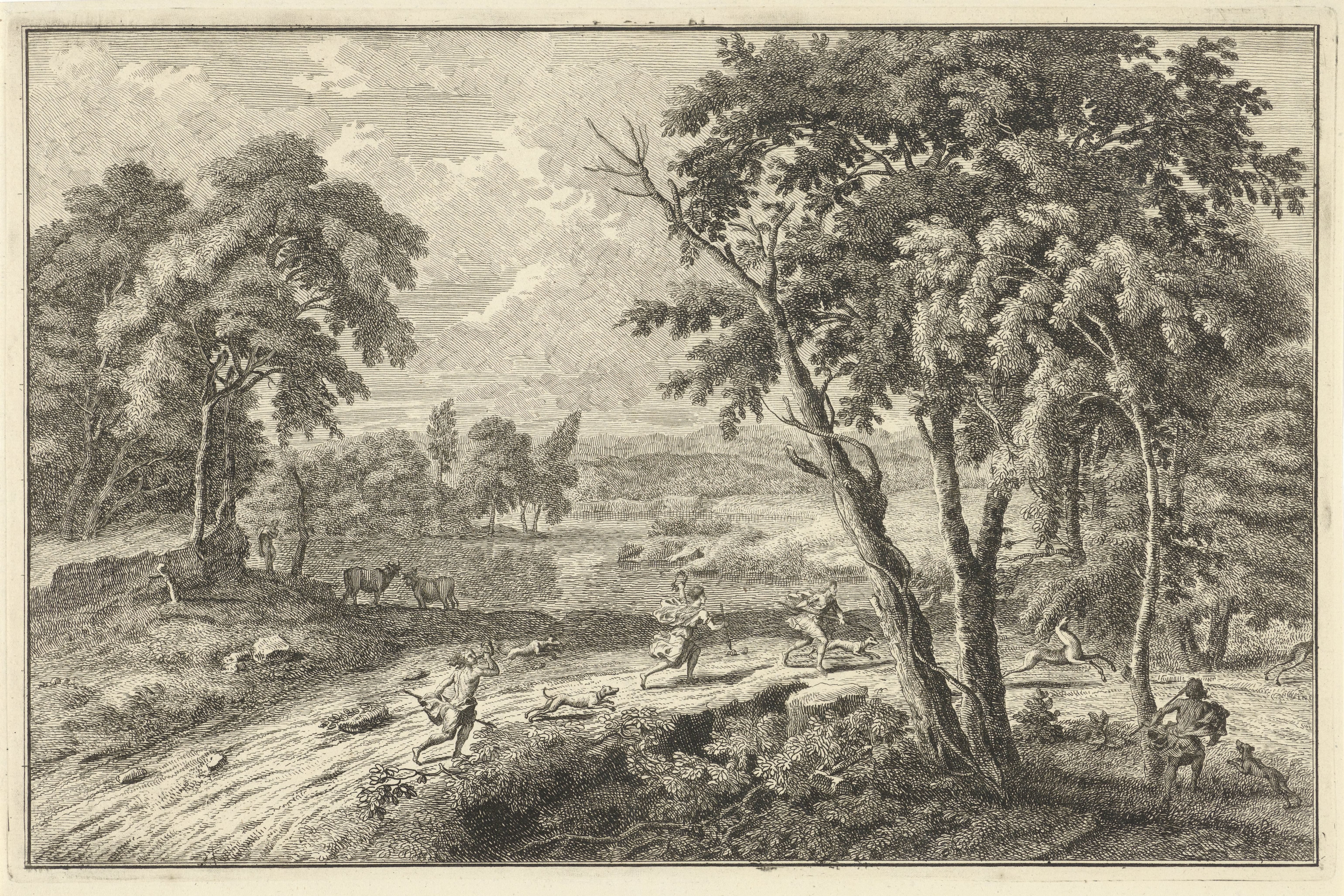 Arcadisch rivierlandschap met jacht op herten