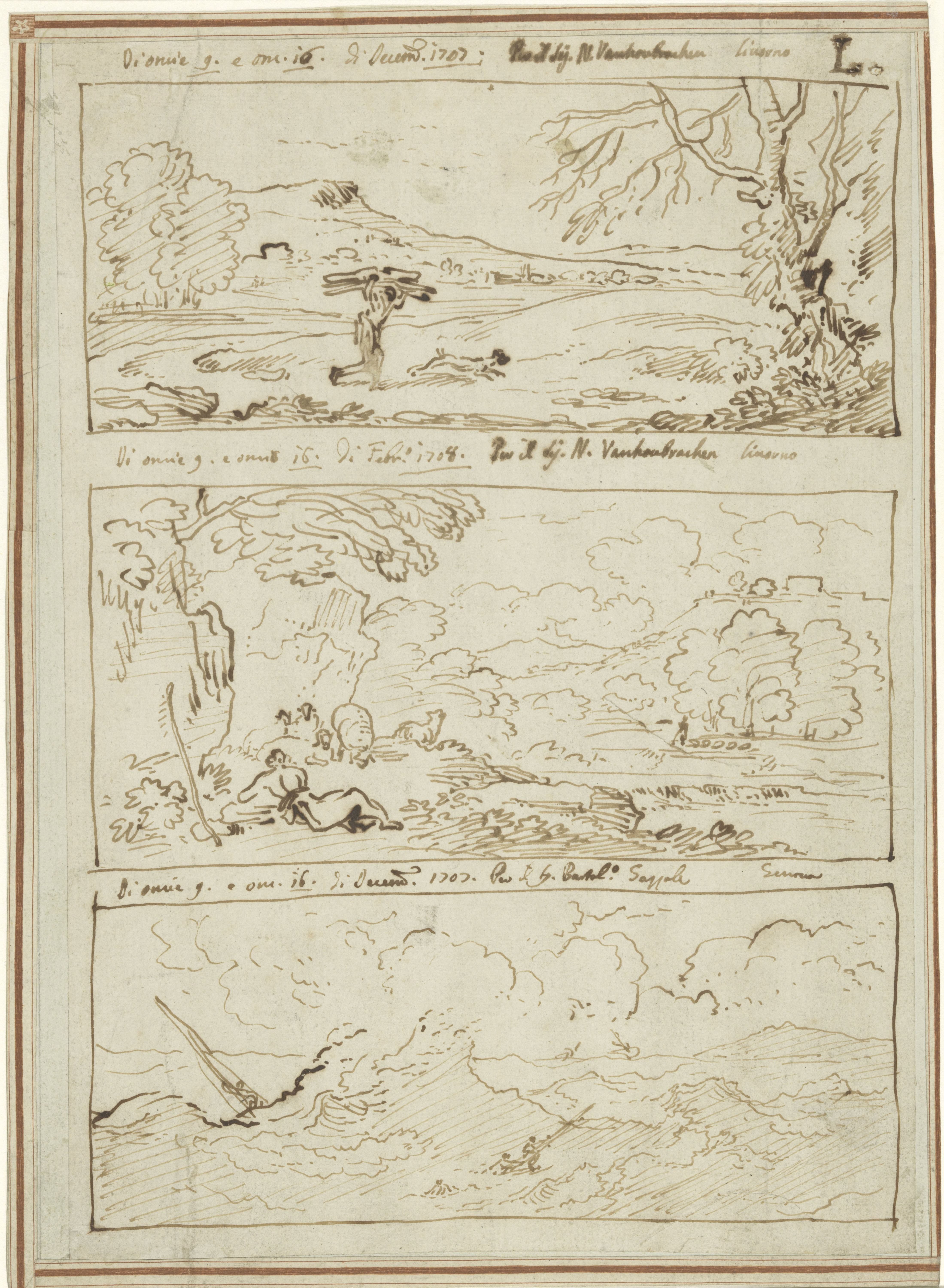Ricordi van drie deurstukken met landschappen en een zee
