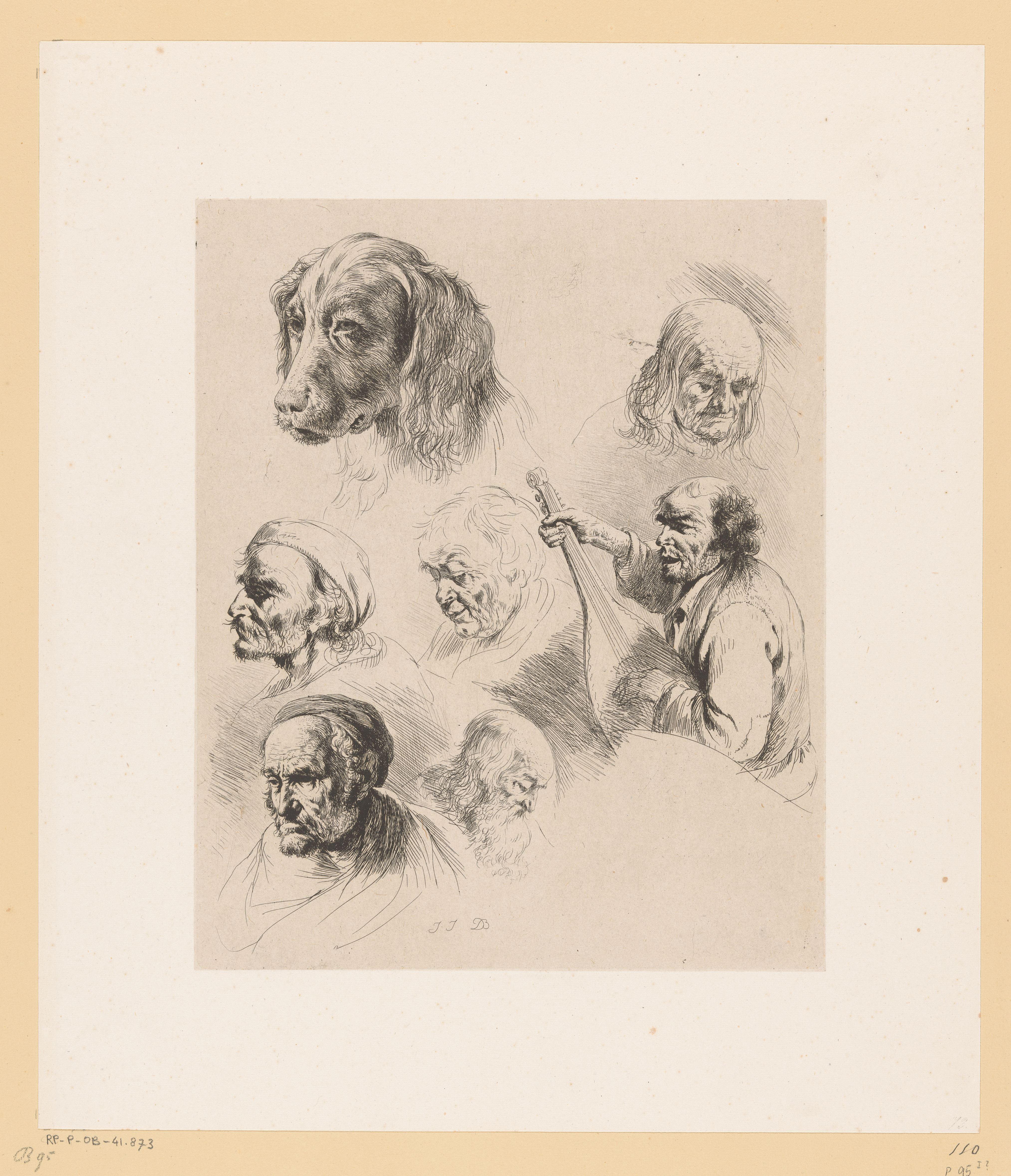 Compositie met zes hoofden van mannen en een hondenkop