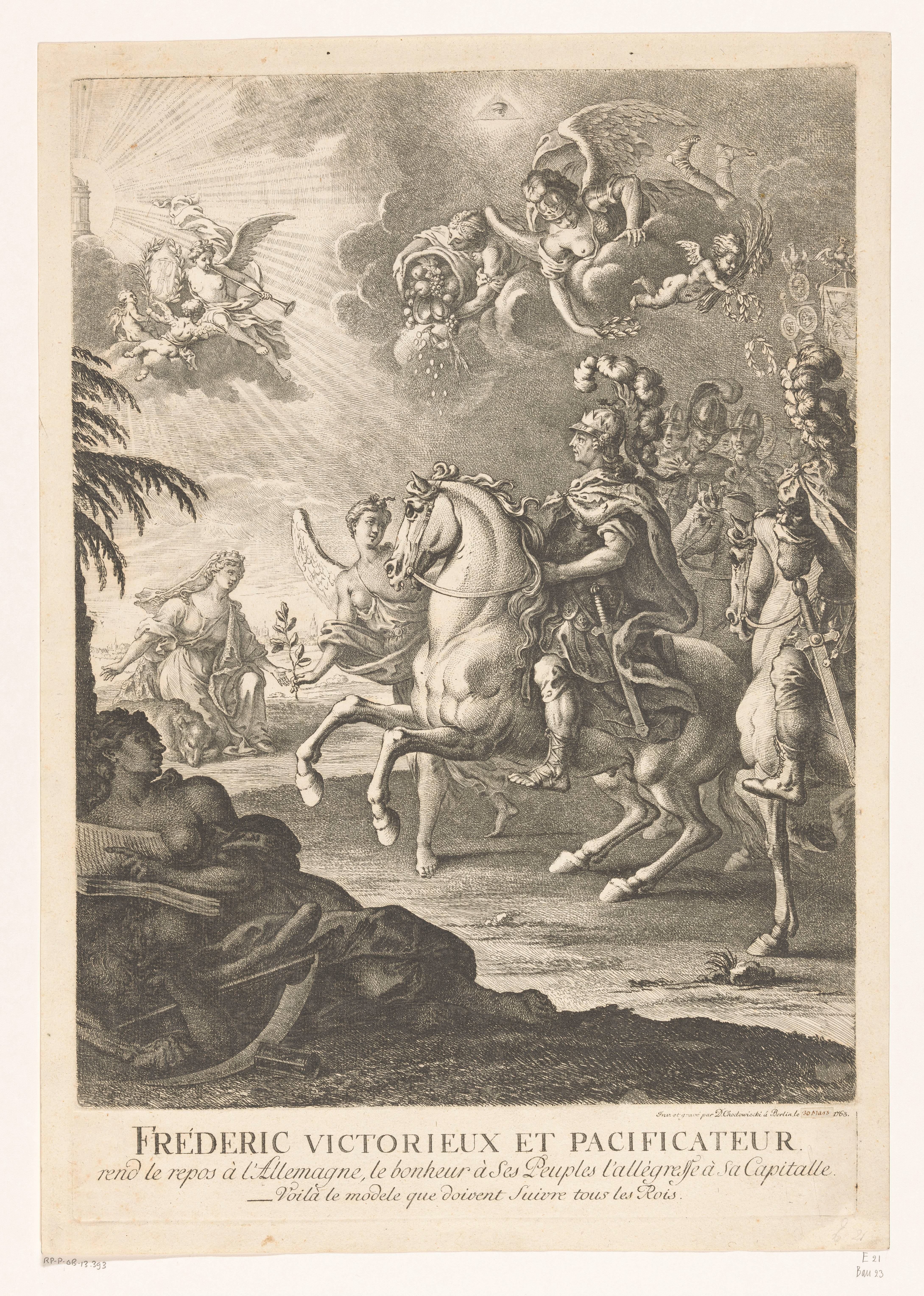 Allegorische voorstelling met Frederik de Grote te paard
