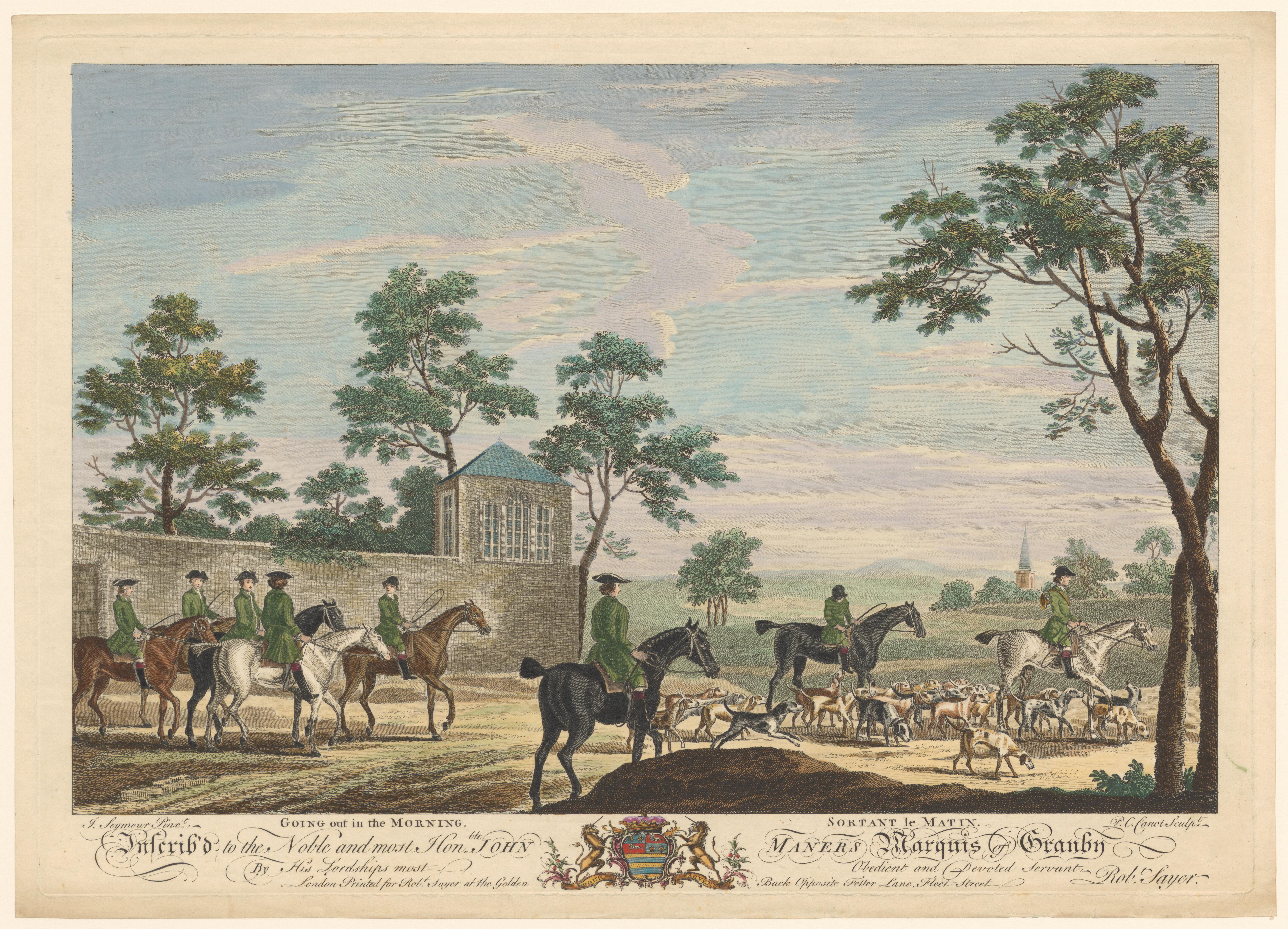 Mannen te paard met jachthonden